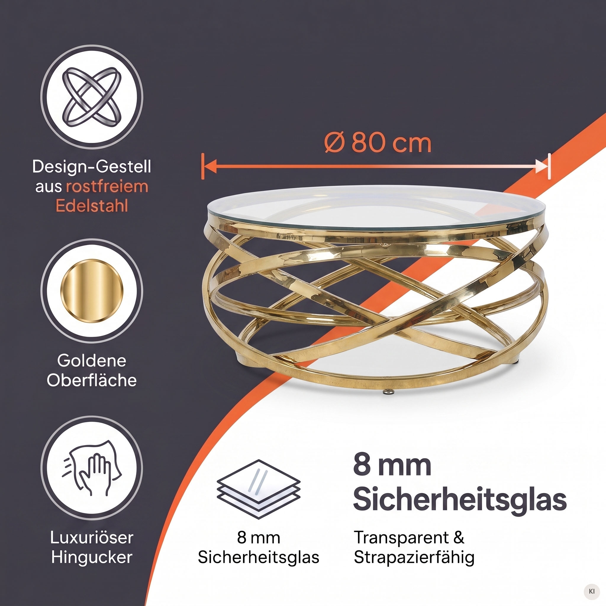 SalesFever Table basse »mit Design-Gestell in Stainless Steel für stilvolles Wohnen« cadre fabriqué en acier inoxydable