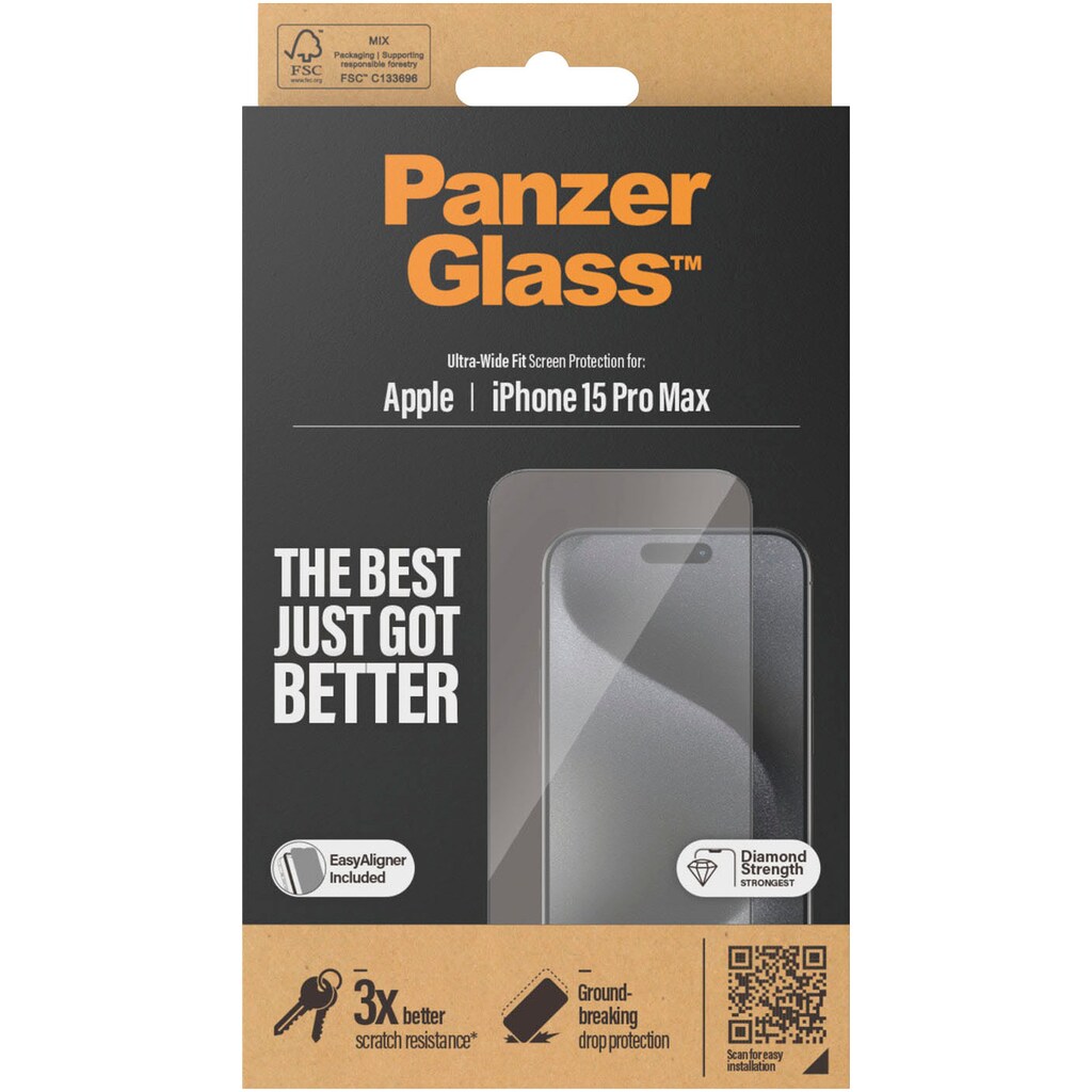 PanzerGlass Displayschutzglas »Displayschutz iPhone 15 Pro Max«, für iPhone 15 Pro Max, (1 St., Displayschutz mit Installationshilfe EasyAligner), Kratz-& Stossfest, Antibakteriell, Vergilbungsresistent