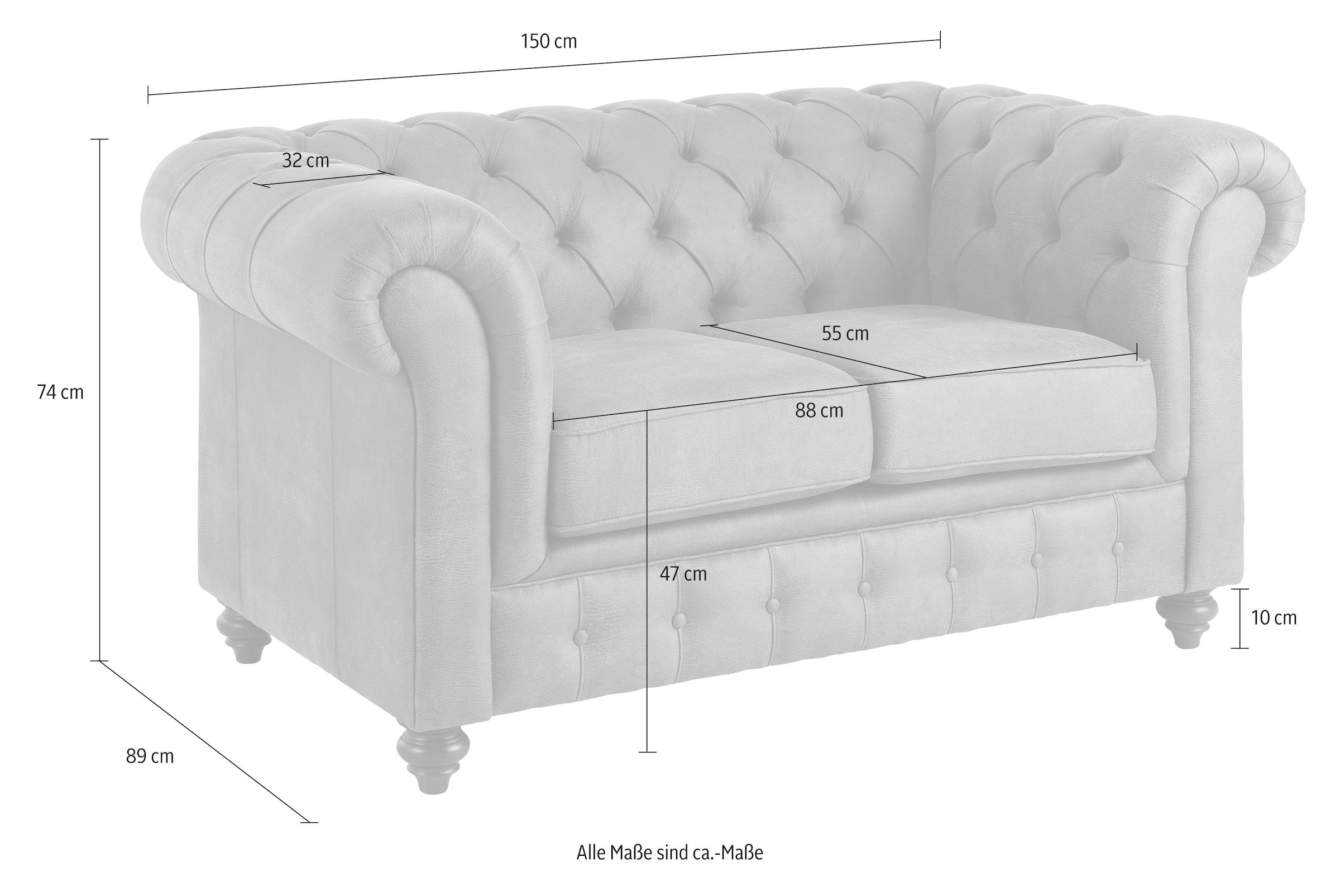 Home affaire Chesterfield-Sofa »Chesterfield 2-Sitzer  B/T/H: 150/89/74 cm« mit hochwertiger Knopfheftung , auch in Leder