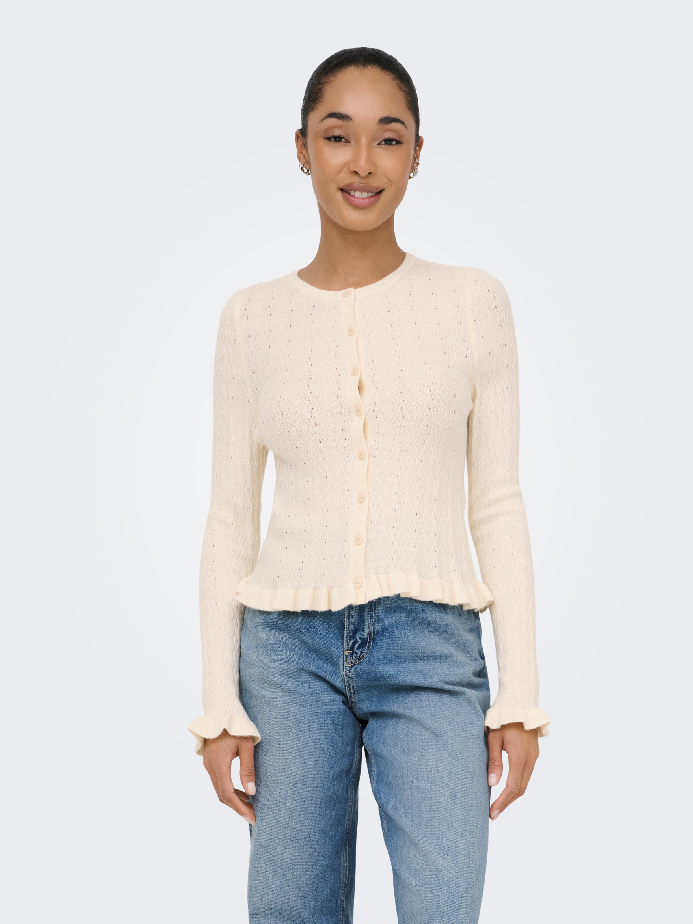 ONLY Veste en tricot »ONLIBI LS O-NECK FRILL CARDI EX KNT« mélange viscose, coupe régulière