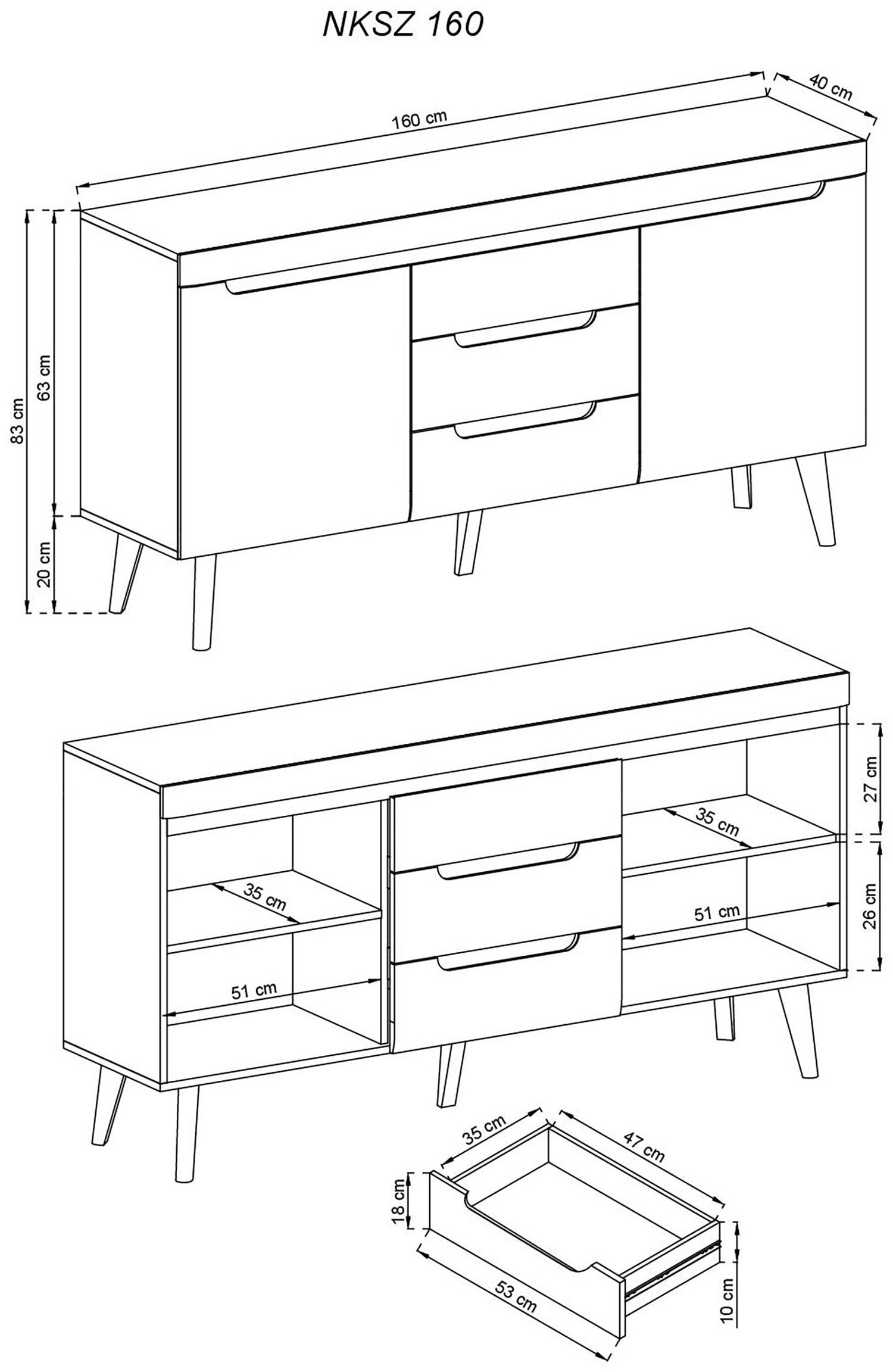 INOSIGN Sideboard »Torge, Anrichte, Kommode, Schubladenschrank«, (1 St.), abgeschrägte Füsse, drei Farben, Scandi Design, 160 cm breit
