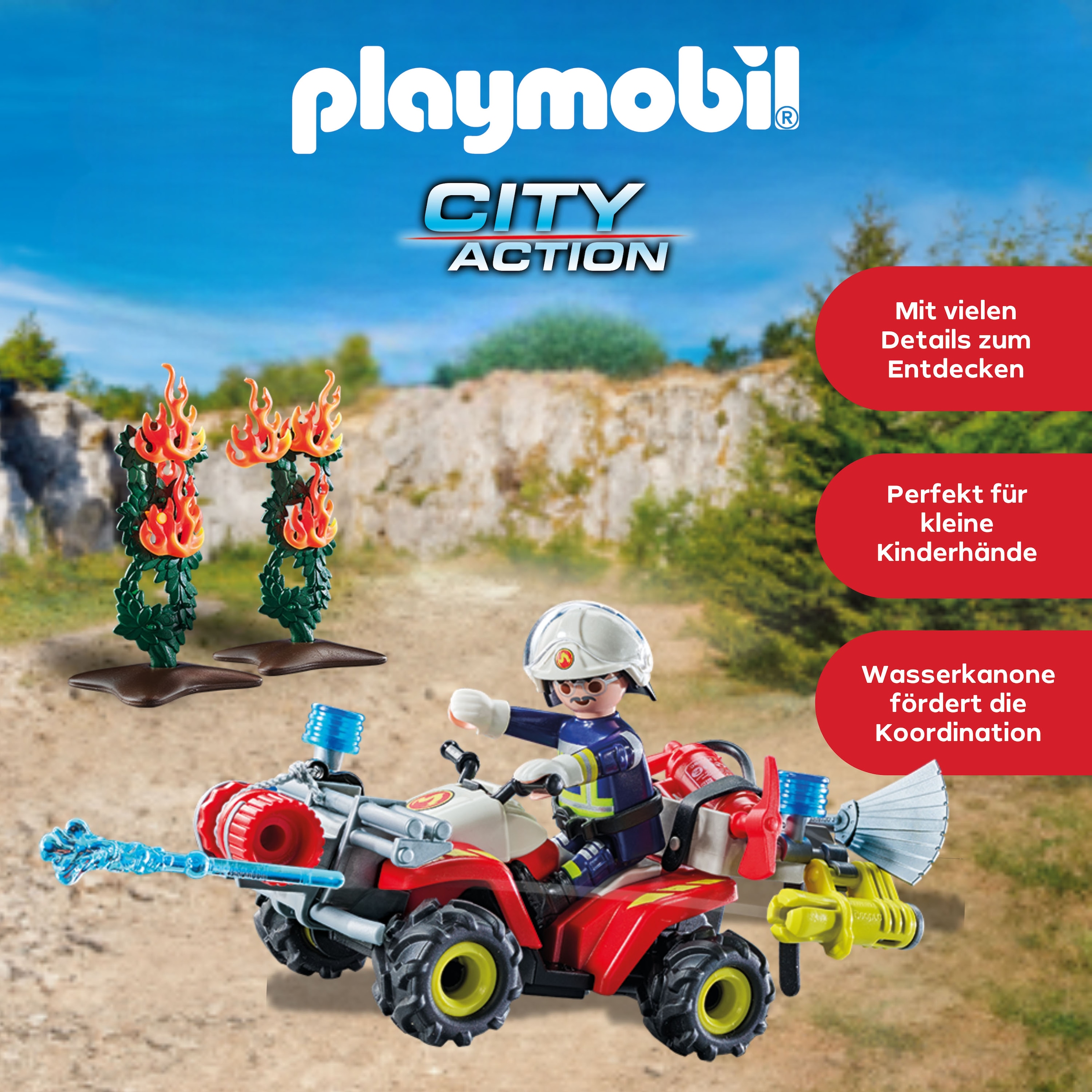 Playmobil® Konstruktions-Spielset »Feuerwehr Quad löscht Heckenbrand (71825), Playmobil Action Heroes«