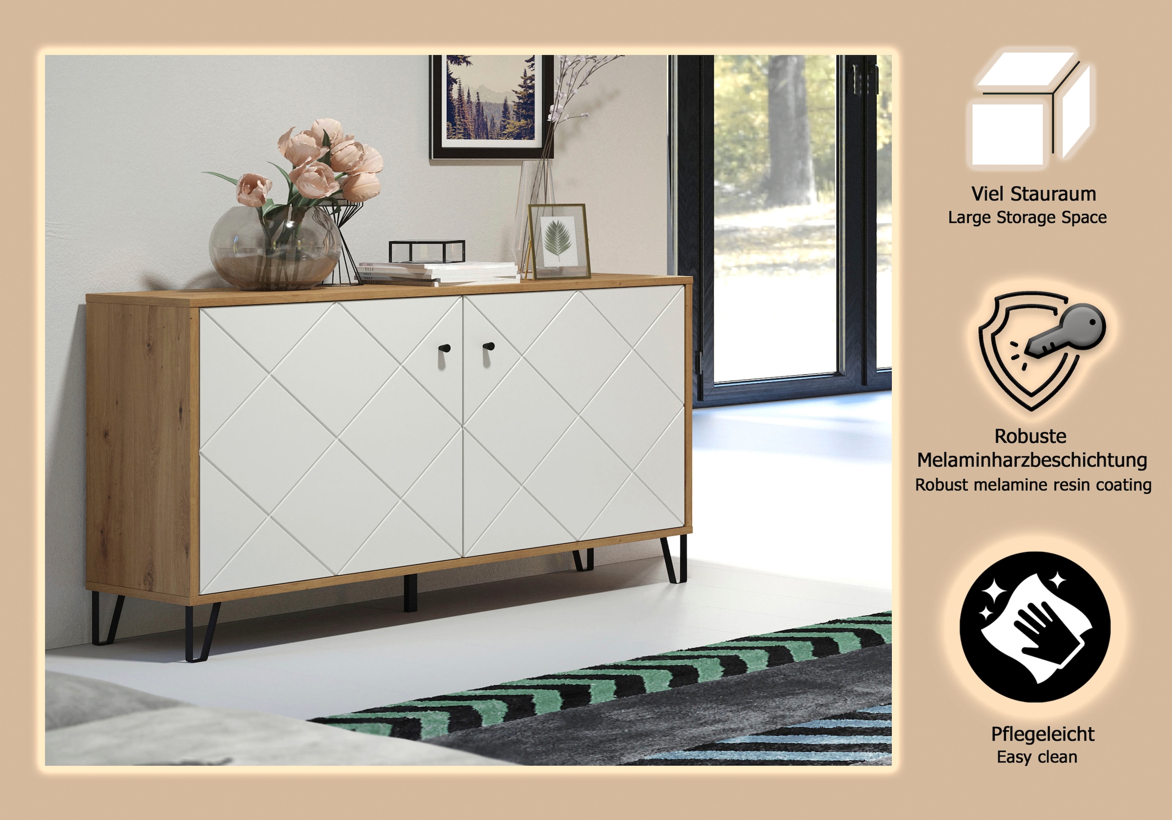 PLACES OF STYLE Sideboard »Tarragona« Sideboard mit 2 Türen & Soft-Close - (B/T/H) 123/40/76 cm