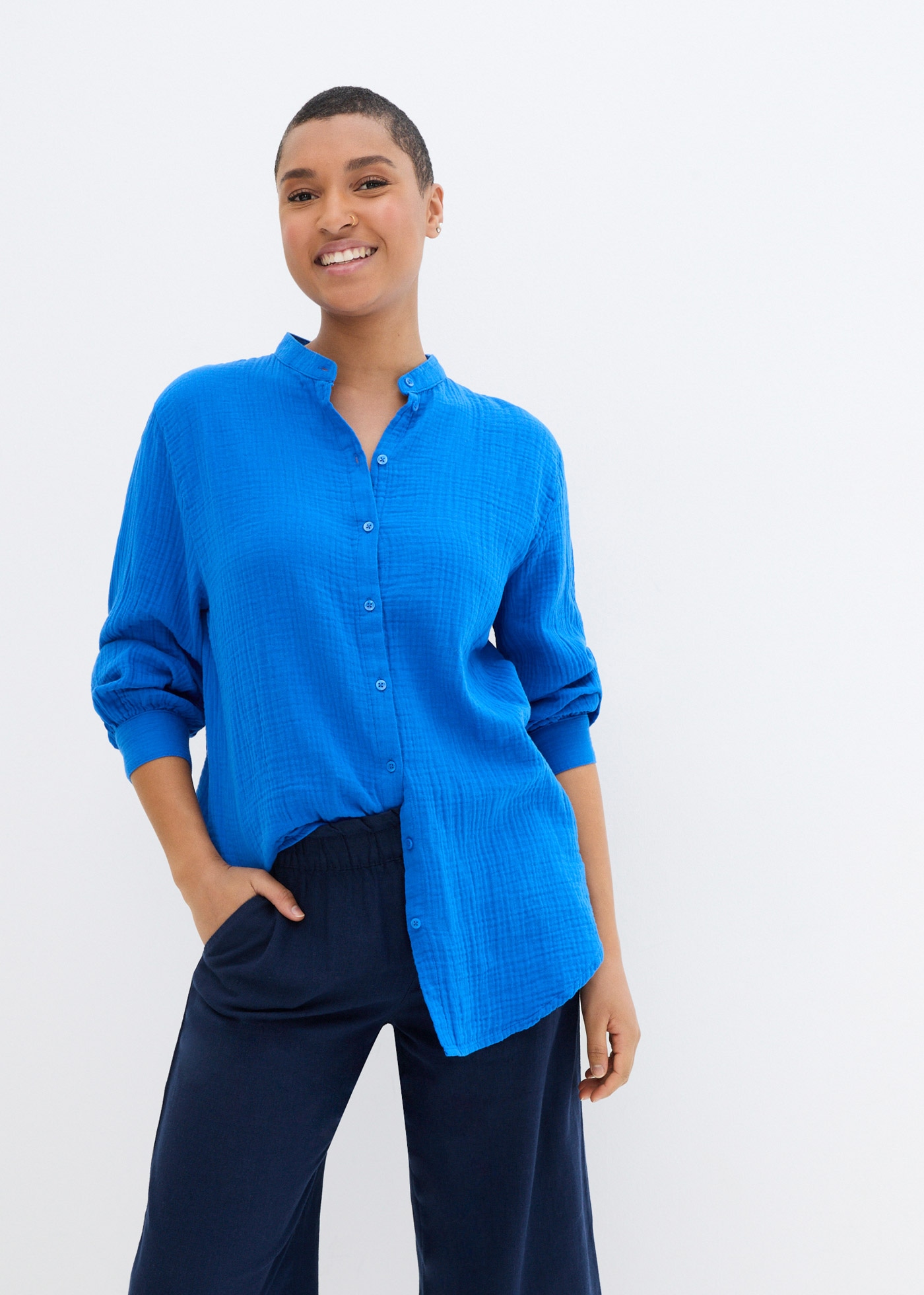 Image of bonprix Langarmbluse "Musselin-Longbluse aus Baumwolle" Oversize-Passform, mit Seitenschlitzen, aus Musselin