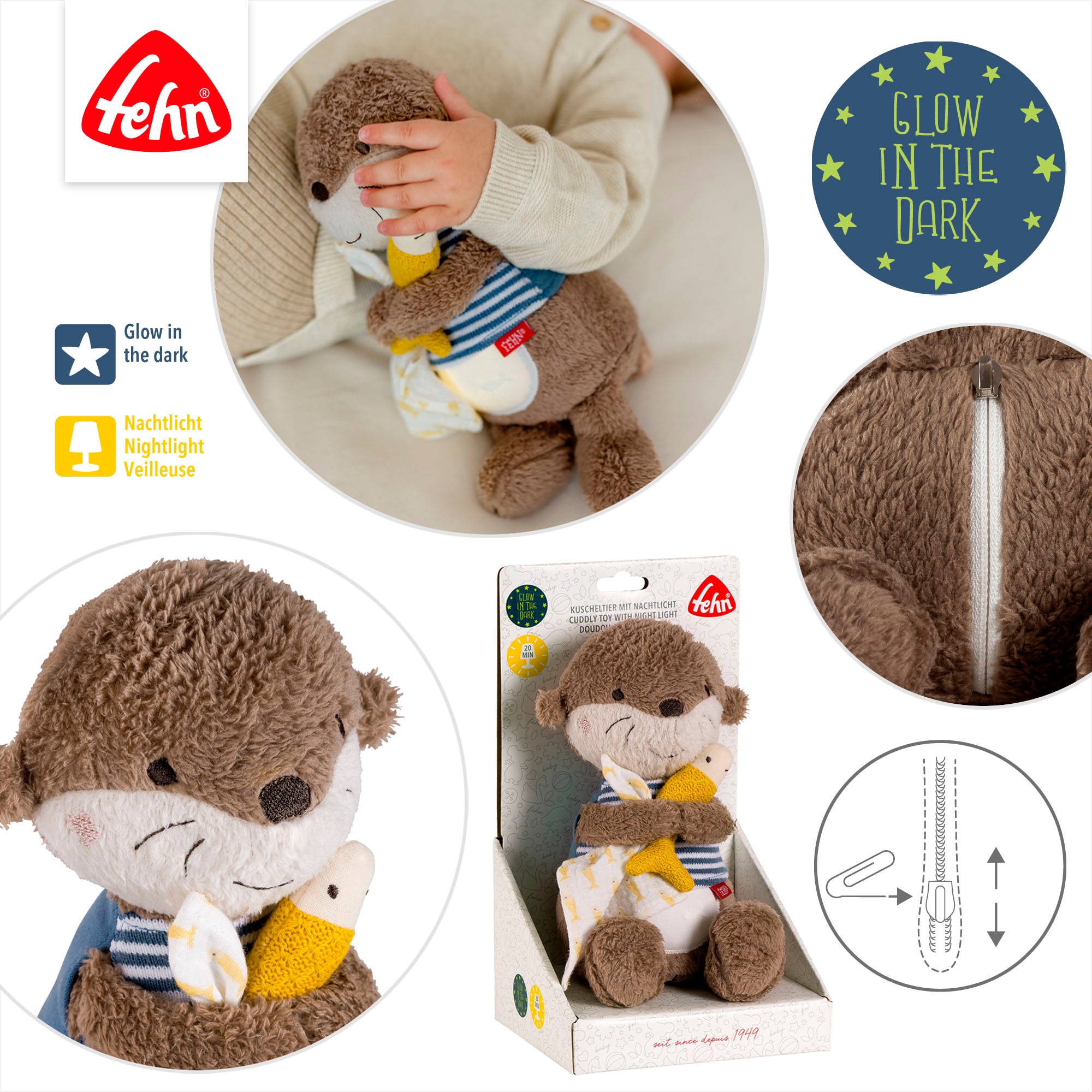 Fehn Peluche »Otter Theo, Nachtlicht« mit »Glow-in-the-dark«-Bestickung & Nachtlicht-Modul