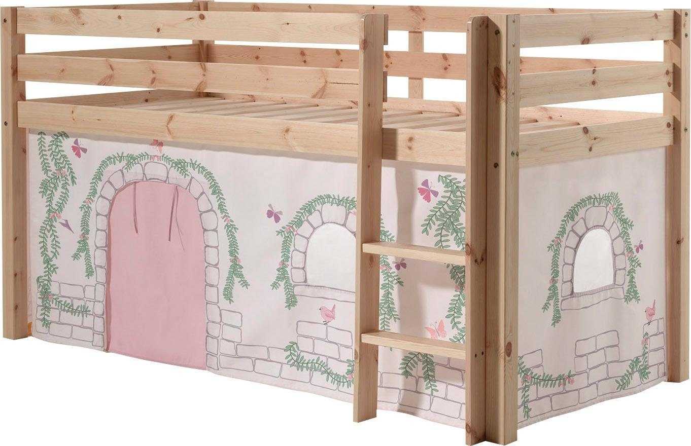 Vipack Hochbett »Pino, Spielbett massiv Kiefer, stabil gebaut, 3 Korpusfarben zur Wahl« inkl. Rolllattenrost, Leiter und Absturzschutz, mit oder ohne Rutsche,  Textil-Set "Astronaut", inkl. Vorhang, mit oder ohne Tunnel