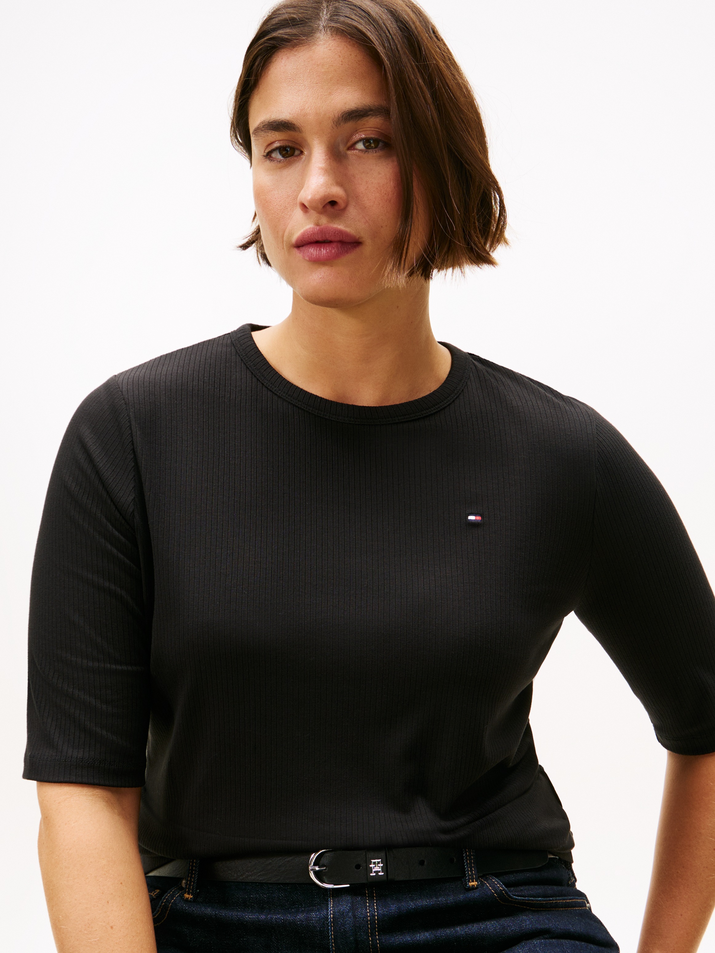 Tommy Hilfiger Curve Kurzarmshirt »CRV SLIM 5X2 RIB C-NK 1/2 SLV« in grossen Grössen, in gerippter Struktur