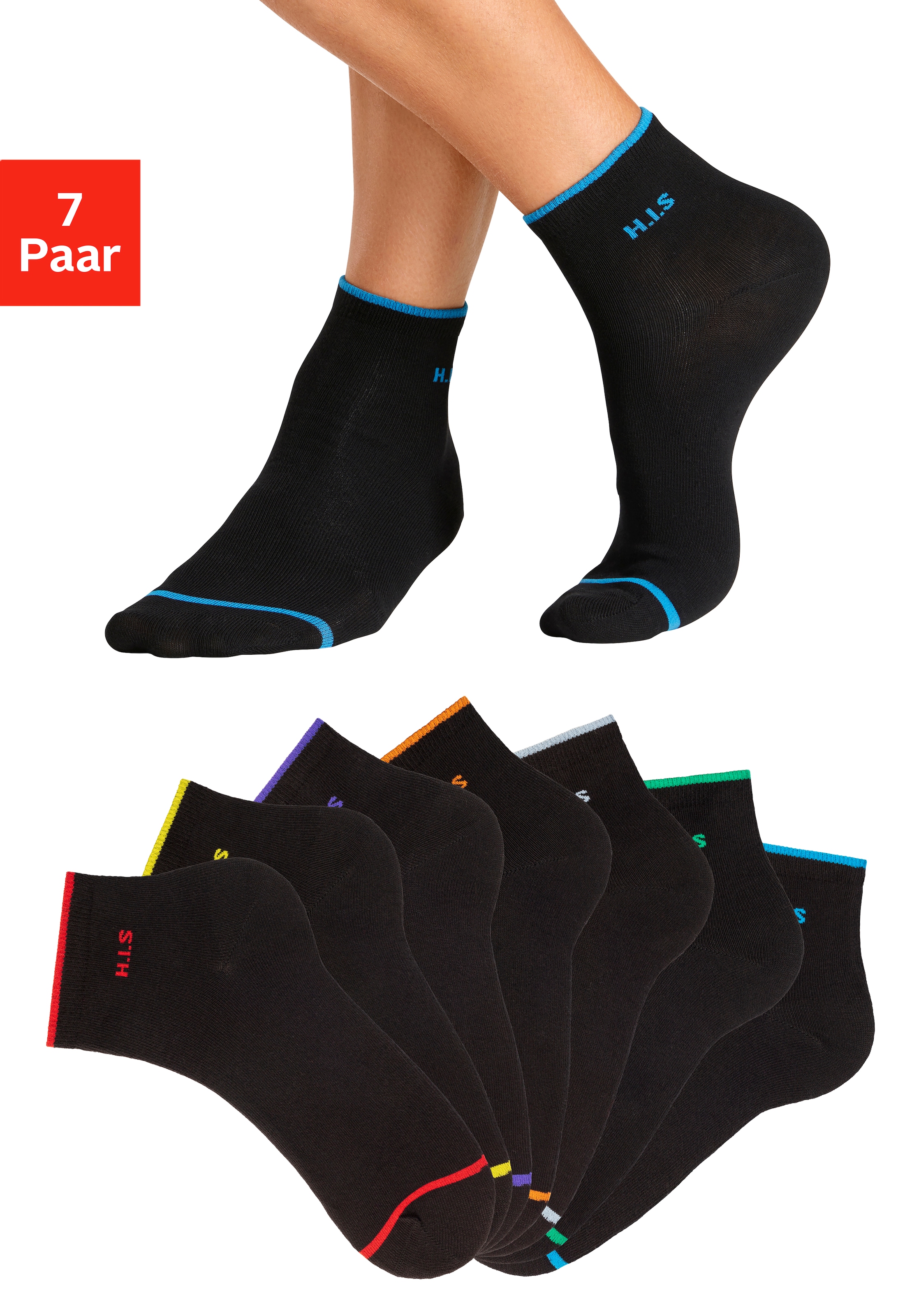 Image of H.I.S Kurzsocken Packung, 7 Stk. tlg. mit farbigen Bündchen