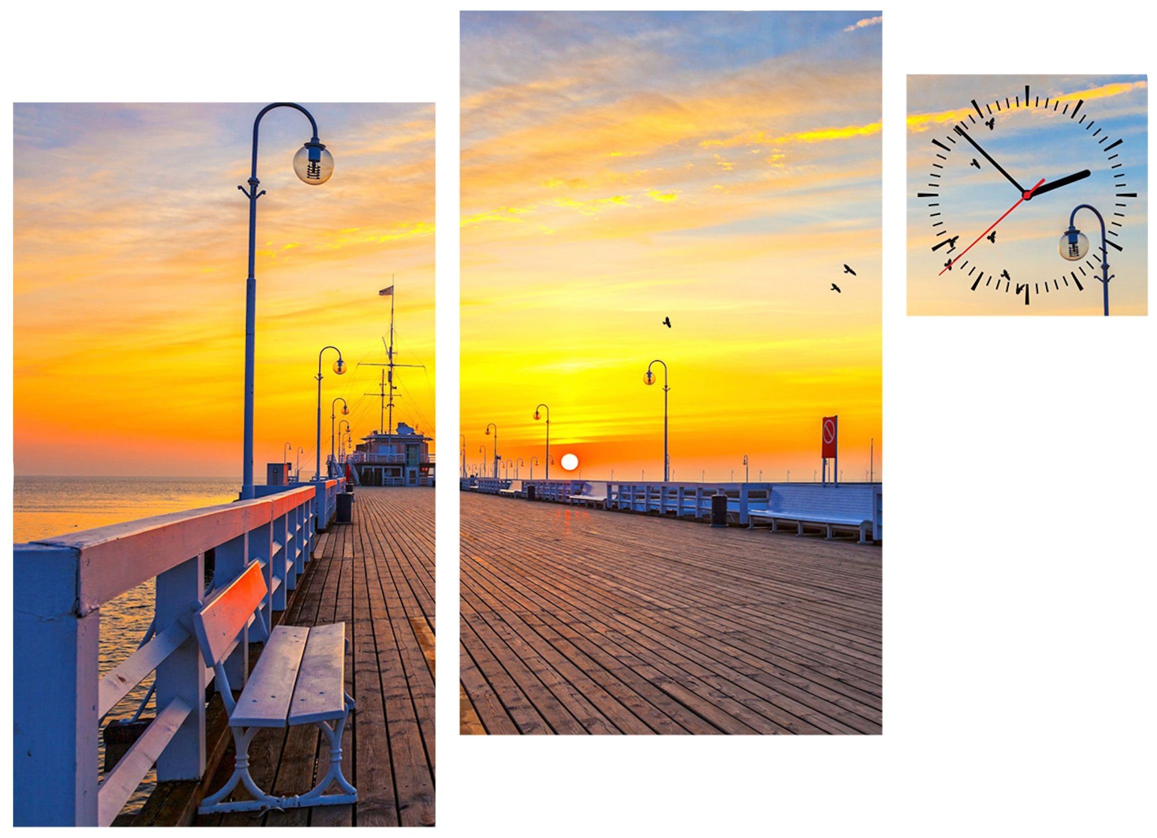 Image of Conni Oberkircher´s Bild »Sunset Pier - Sonnenuntergang am Pier«, Sonnenuntergang, (Set, (Set 3), mit dekorativer Uhr, Brücke, Steeg, Urlaub, Entspannung bei Ackermann Versand Schweiz