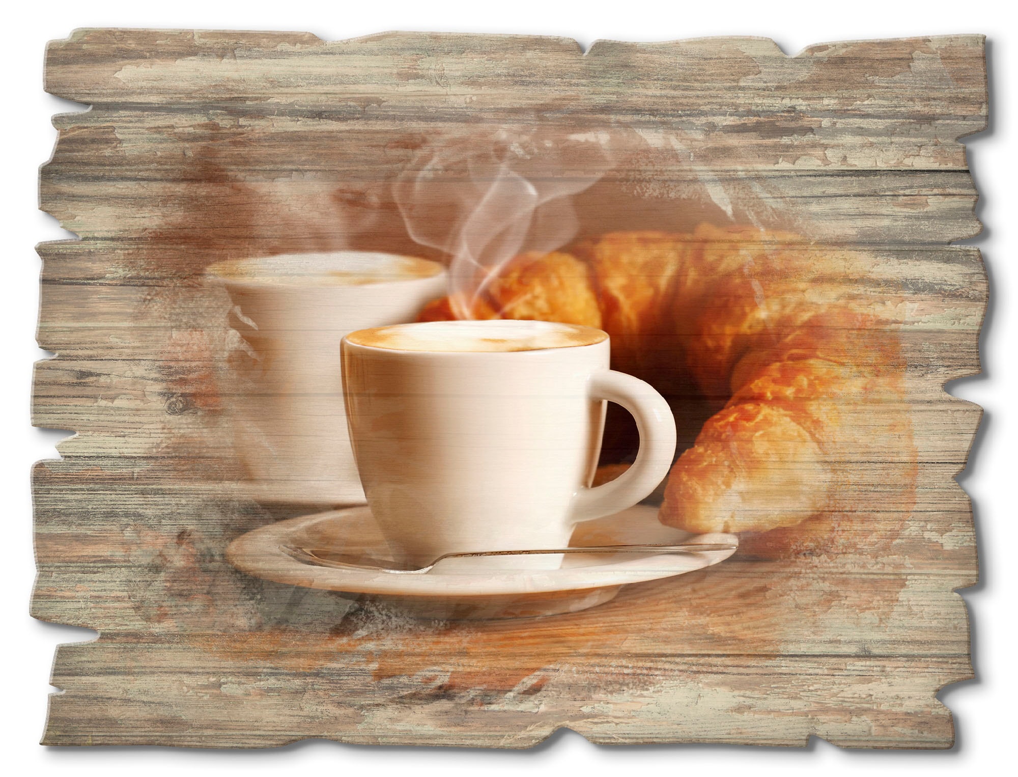 Image of Artland Holzbild "Dampfender Cappuccino und Croissant" Getränke 1 Stk. tlg.