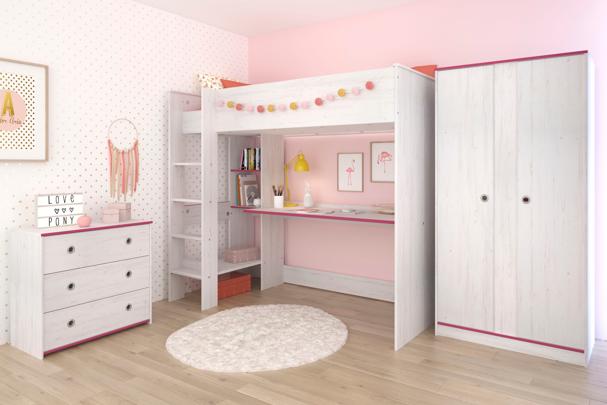 Parisot Jugendzimmer-Set »Smoozy«, (Set, 3 tlg., Hochbett mit Schreibtisch, Kleiderschrank und Schubkastenkommode)