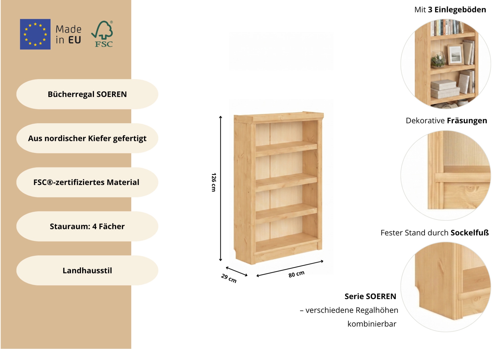GOODproduct Bücherregal »Soeren« aus massiver Kiefer, Tiefe 29 cm, FSC®-zertifiziert