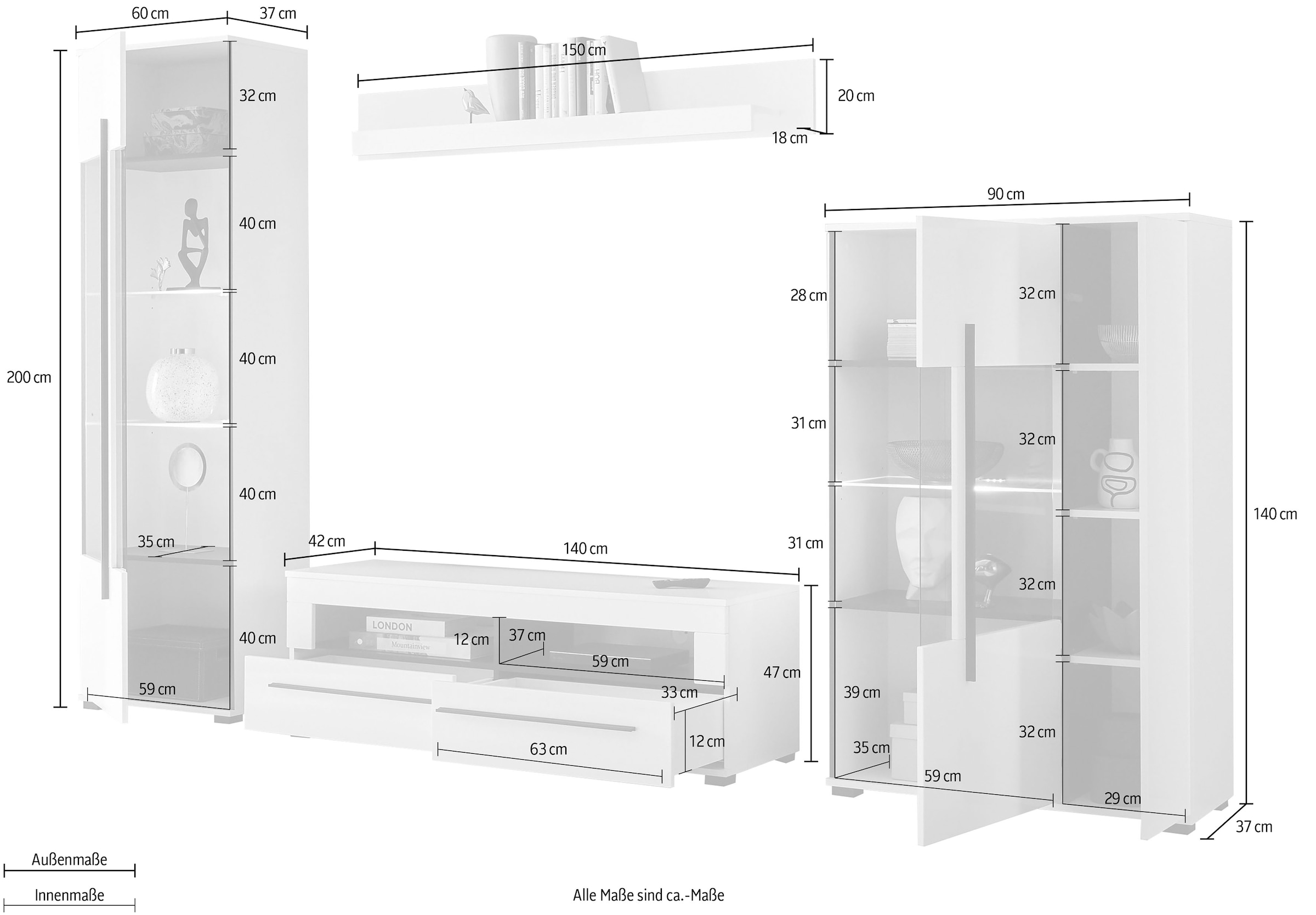 INOSIGN Wohnwand »Cantara, moderne Anbauwand, Wohnzimmer-Set, in Eiche Evoke oder Weiss«, (Set), enthält zwei Vitrinen, ein Lowboard und ein Wandboard
