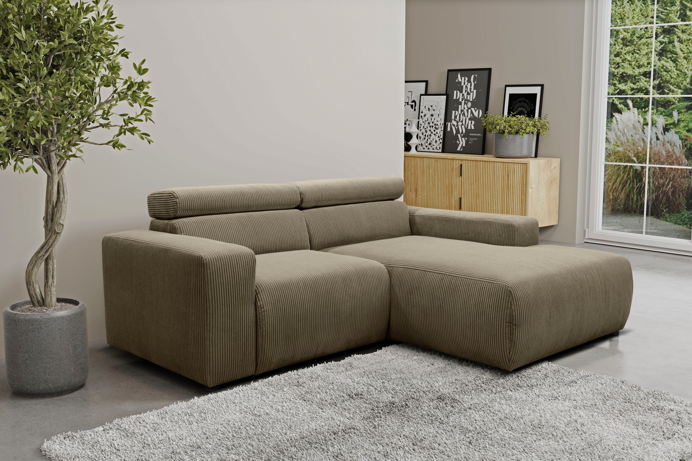 DOMO collection Ecksofa »Brandon, inkl. Kopfteilverstellung, B/T/H:  214/100/80 cm, L-Form« Cord, schlamm