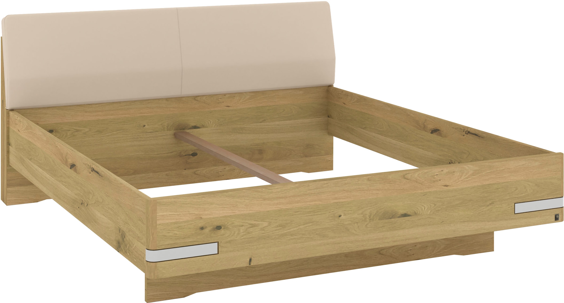 Musterring Lit en bois »Savona, Bettgestell, Bettrahmen, teilmassiv Bianco-Eiche« Capacité 220 kg, réglage 4 positions de hauteur de couchage, MADE IN GERMANY,  tête de lit en similicuir champagne, détails chromés, différentes tailles