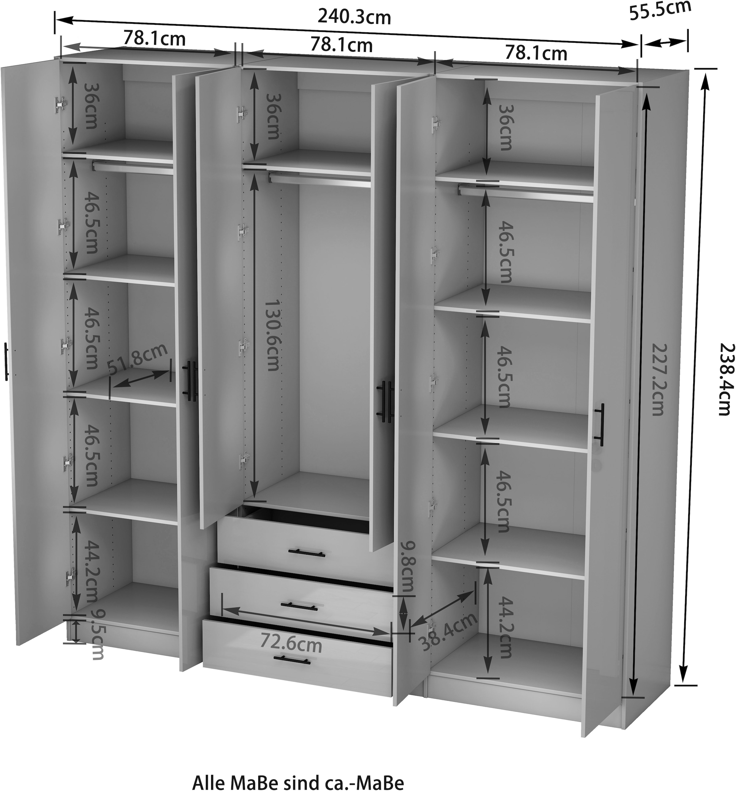 GOODproduct Kleiderschrank »Trento Schlafzimmerschrank Garderobe hochglanz« in 2 unterschiedlichen Schrankhöhen wählbar,  Schrank mit 6 Türen und 3 Schubladen, hochglanz Fronten, Höhe 2,39m