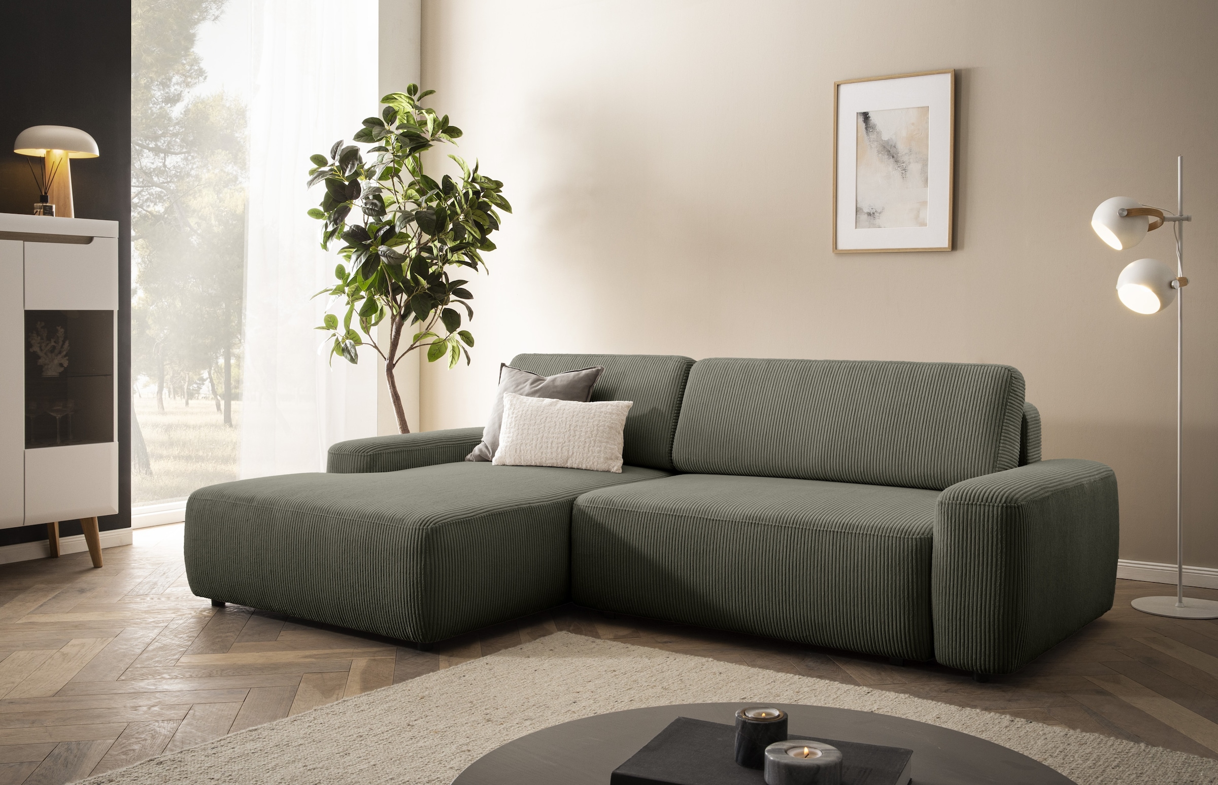 Home affaire Ecksofa »TORGE (264cm), Schlafsofa in Cord, Samtvelours o Struktur fein, L-Form« Schlaffunktion, Bettkasten, Liegefläche: 125/210 cm