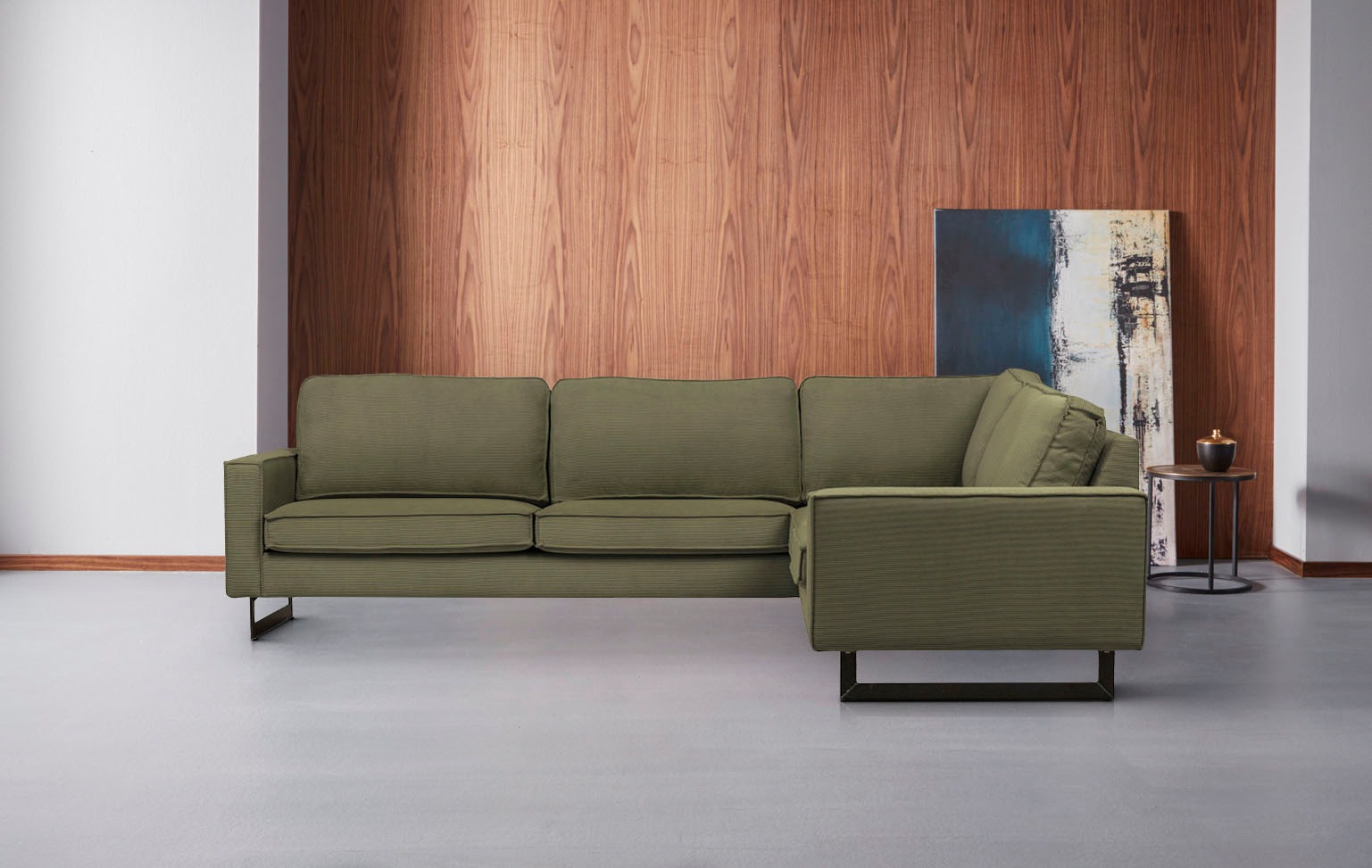 Places of Style Ecksofa »Pinto, XXL, 250/290 cm, langer Schenkel, Ottomane«, Cord, Chenille, Lederoptik, mit Keder, Metallfüsse, Wellenunterfederung