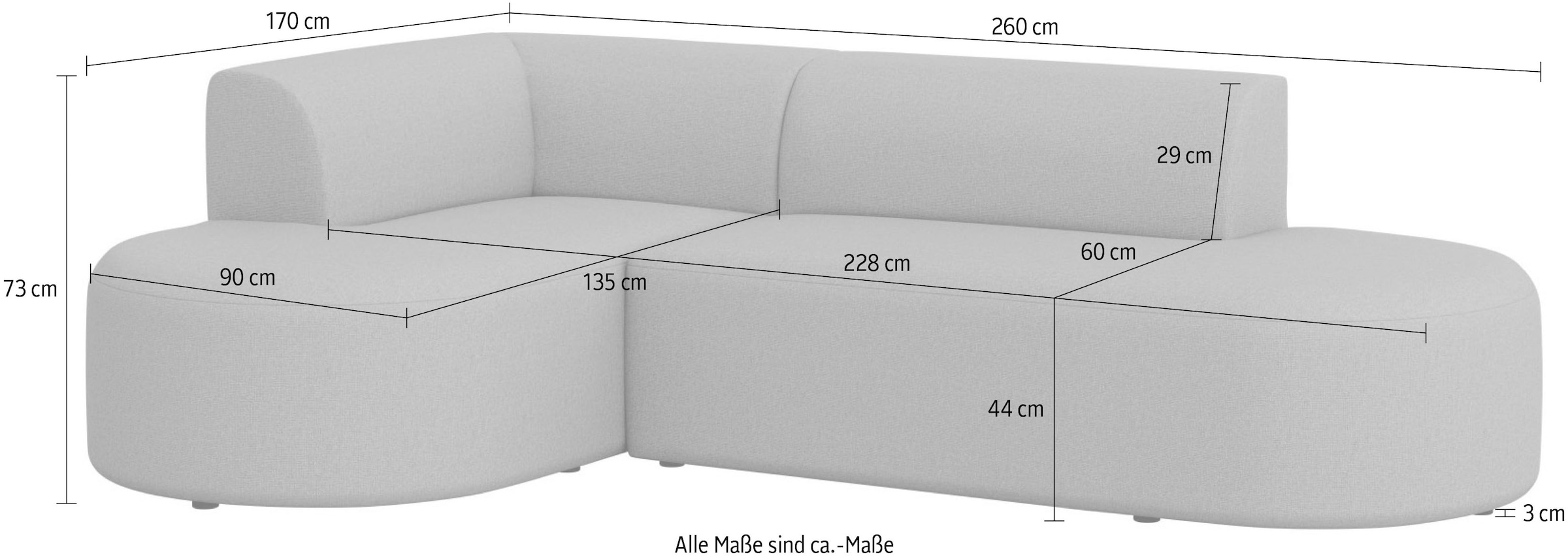 andas Ecksofa »Ecksofa Tvinne mit Ottomane links oder rechts bestellbar«, L-Form, mit Wellenunterfederung, BxTxH 260x170x73 cm