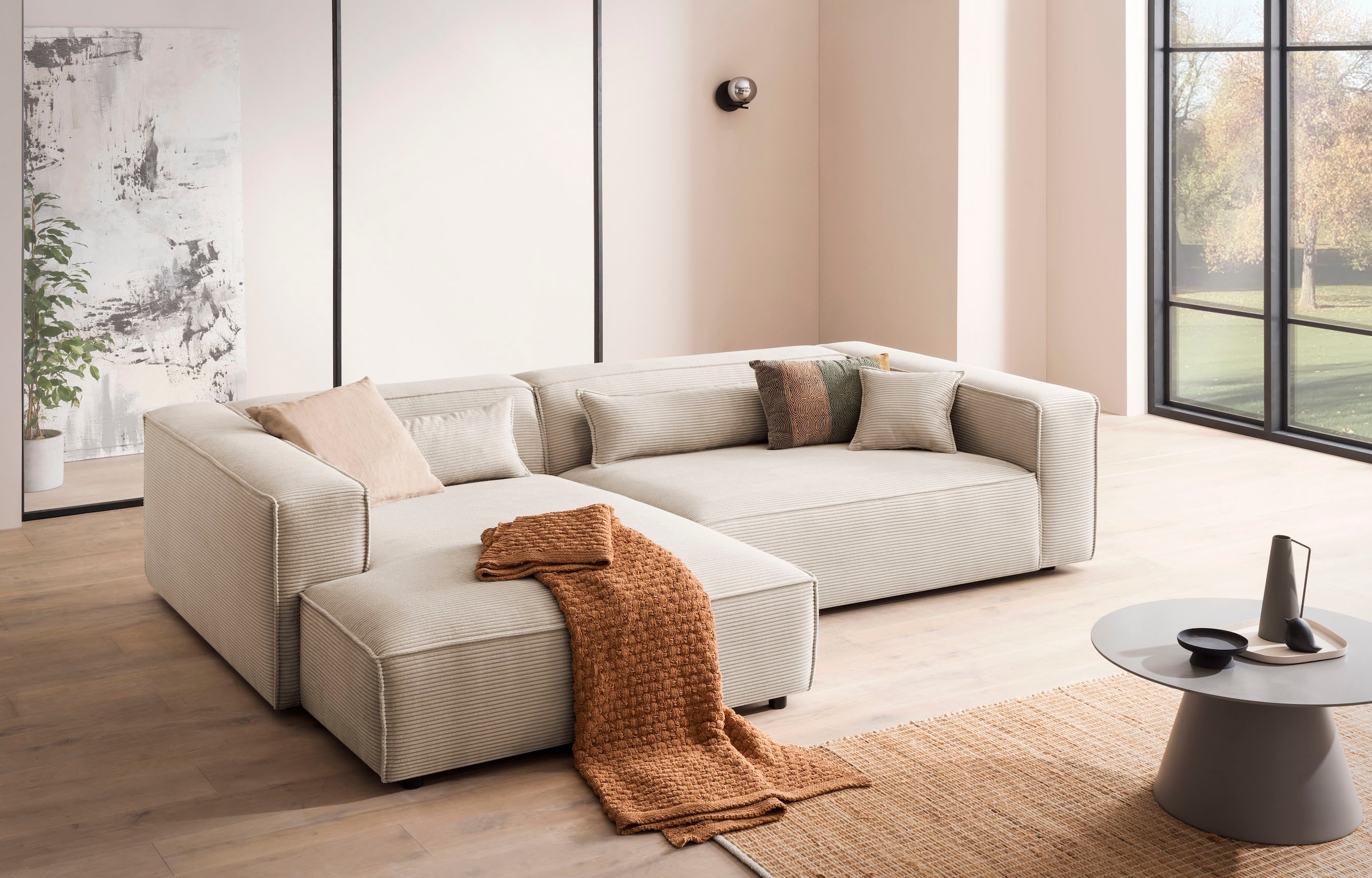 LeGer Home by Lena Gercke Ecksofa »PIARA XXL, Big-Sofa in Cord oder Leinenoptik, L-Form, mit Kedernaht«, wahlweise Ottomane rechts/links, schwarze Füsse, extra tiefe Sitzfläche