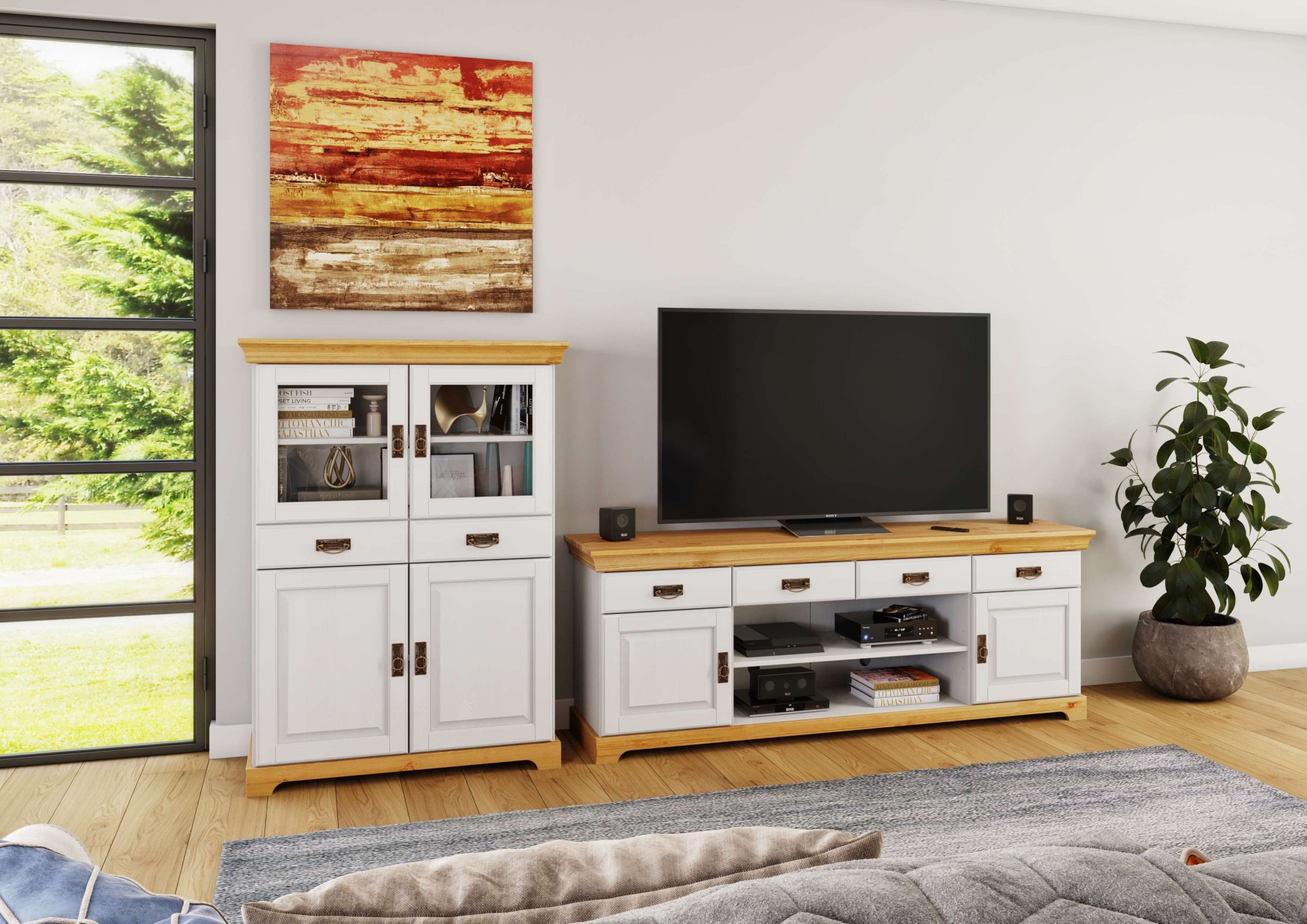 Home affaire Highboard »Rügen«, Vitrine im Landhausstil, zertifiziertes Massivholz, Höhe 131 cm