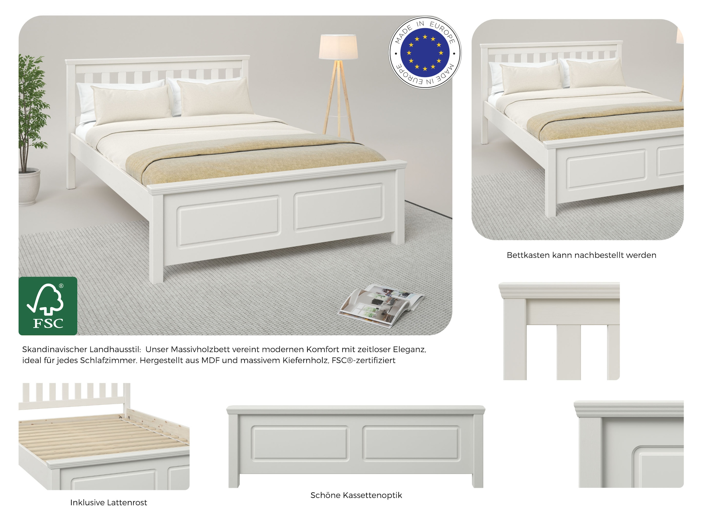 GOODproduct Bett »Fredegard, skandinavischer Stil, vielseitig kombinierbar, 2 Breiten« 180er oder 140er Breite,  teilmassiv, Sprossen am Kopfteil, mit Lattenrost, Kassettenoptik