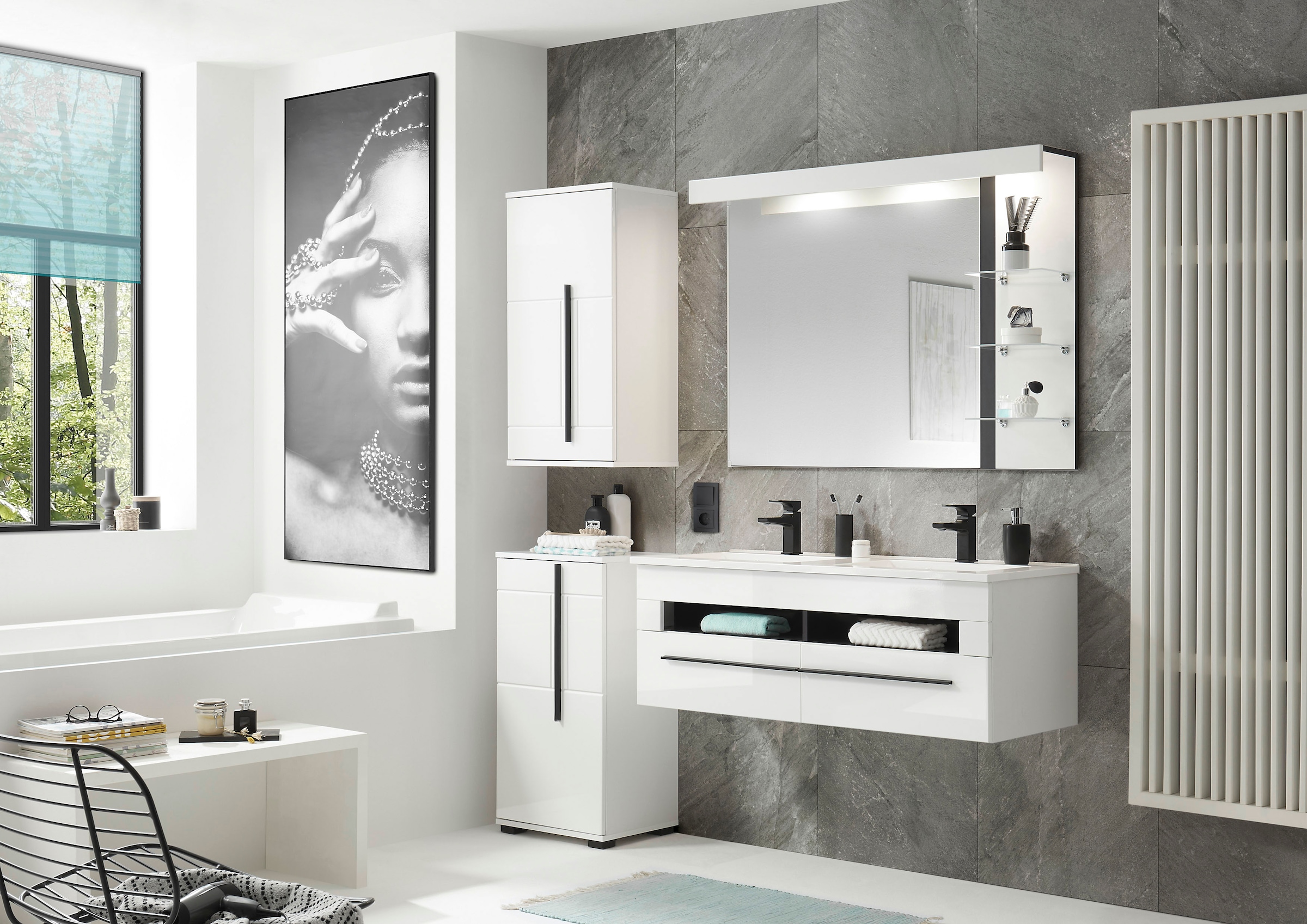 INOSIGN Badmöbel-Set »Cantara, Bad im modernen Design, 4-teiliges Badezimmer«, (Set, 4 St.), Waschtisch, Schrank, Hängeschrank und Spiegel, in Weiss Hochglanz