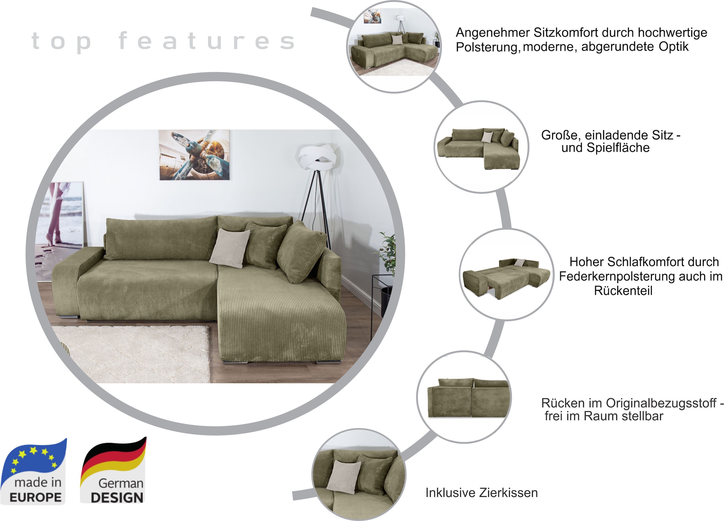 COLLECTION AB Ecksofa »Poppy, L-Form, Breite 227 cm mit Schlaffunktion« inkl. Schlaffunktion und Bettkasten
