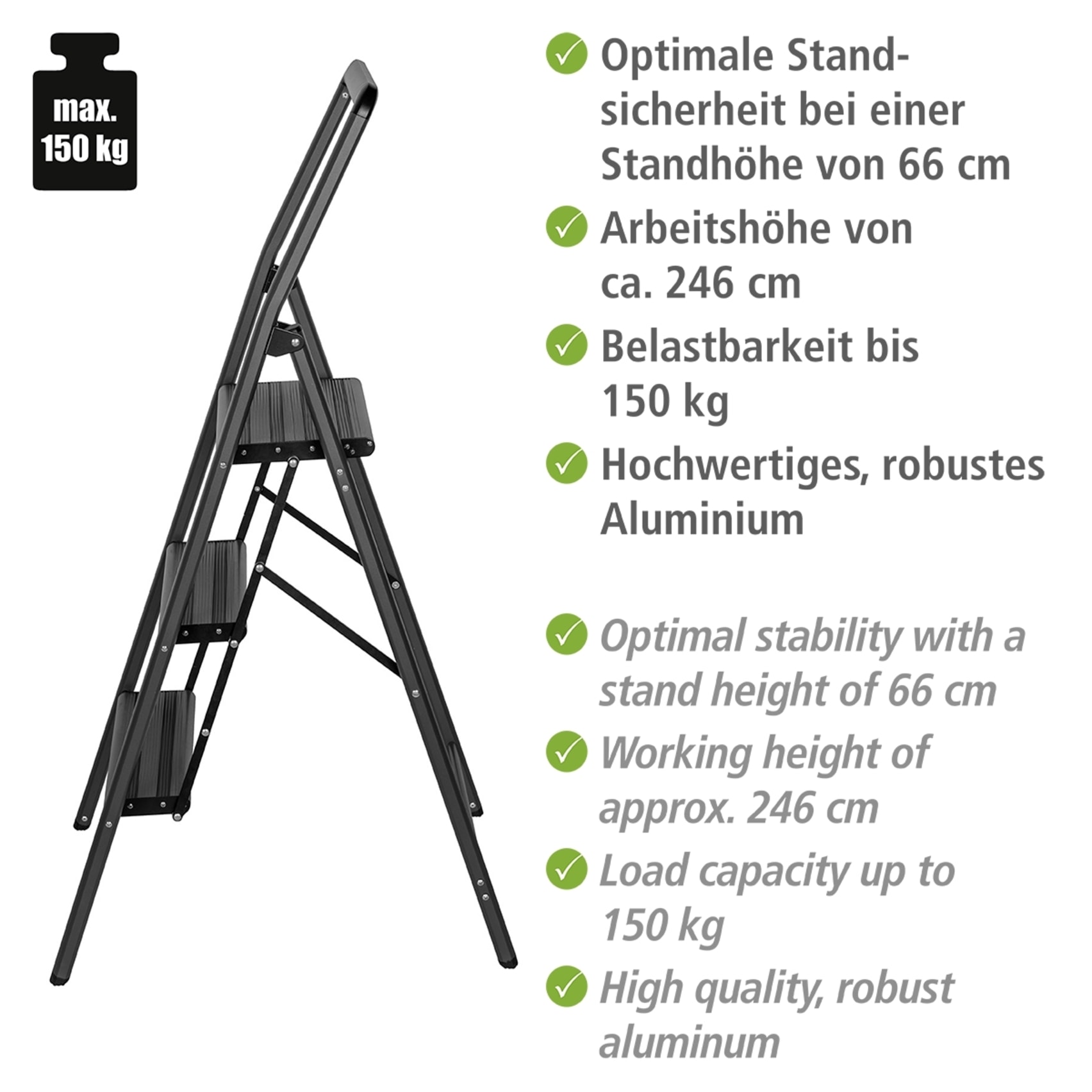 WENKO Trittleiter »Modell Alu-Compact«, leichte & rutschfeste Haushaltsleiter, belastbar bis 150 kg, klappbar