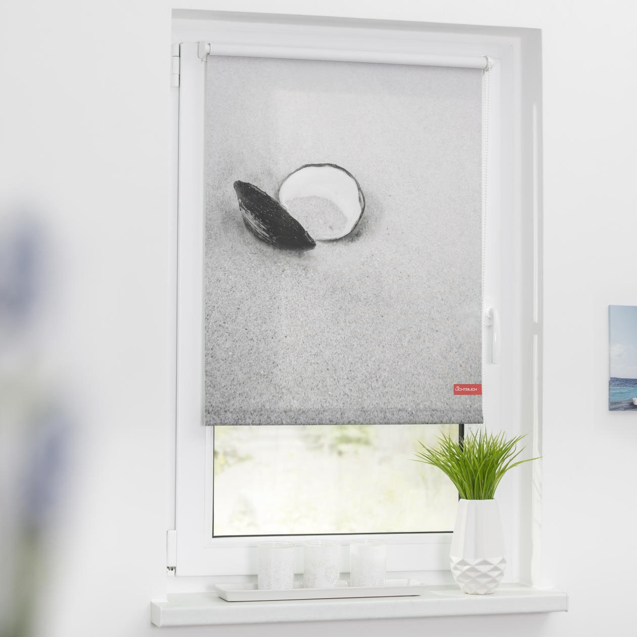 Image of LICHTBLICK ORIGINAL Seitenzugrollo »Rollo Klemmfix, ohne Bohren, Verdunkelung, Muschel - Schwarz Weiss«, verdunkelnd, Verdunkelung-energiesparend, freihängend bei Ackermann Versand Schweiz