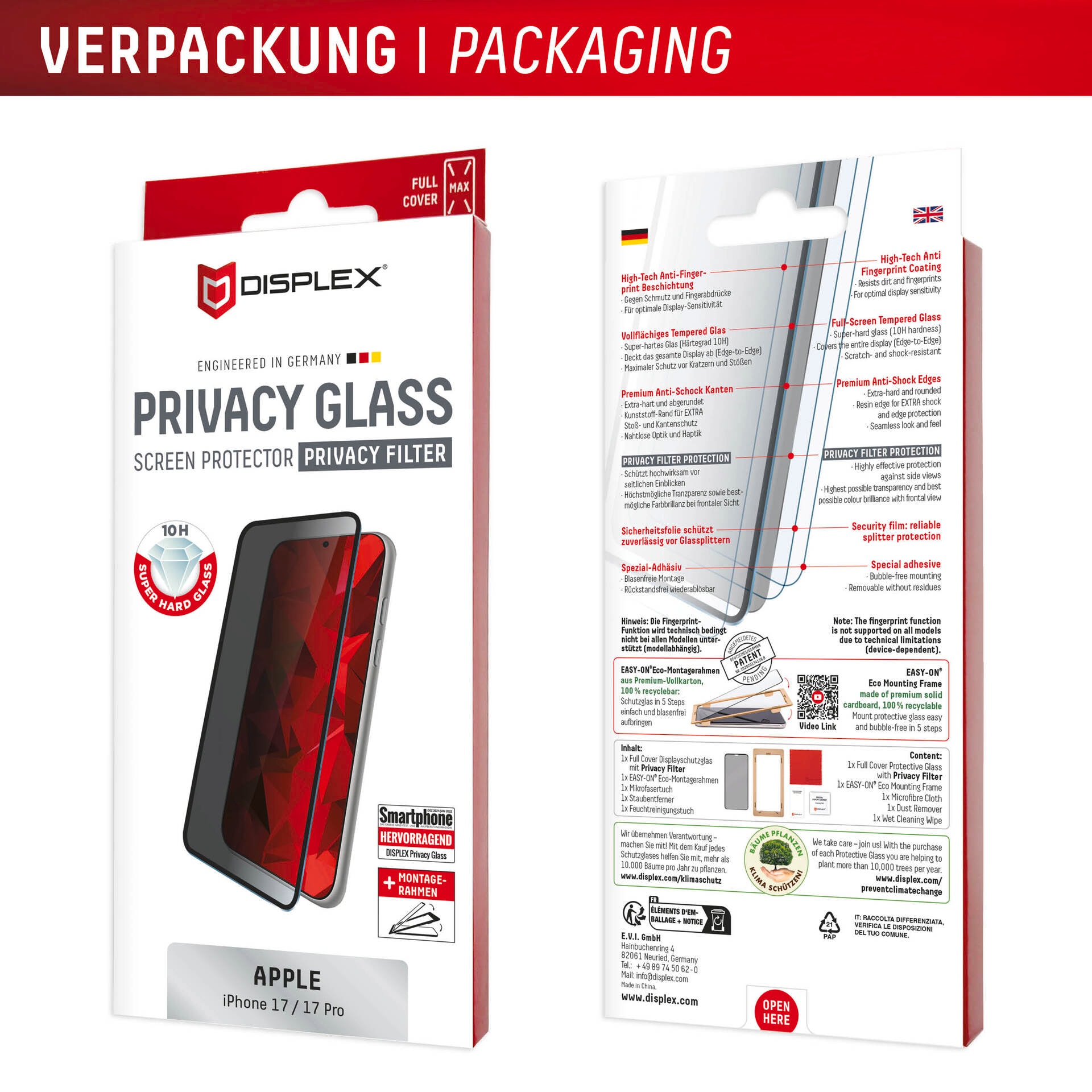 Displex Verre de protection d'écran »Privacy Glass Screen Protector« für Apple iPhone 17;Apple iPhone 17 Pro Displayschutzfolie, Schutzfolie, Bildschirmschutz, kratz- & stossfest