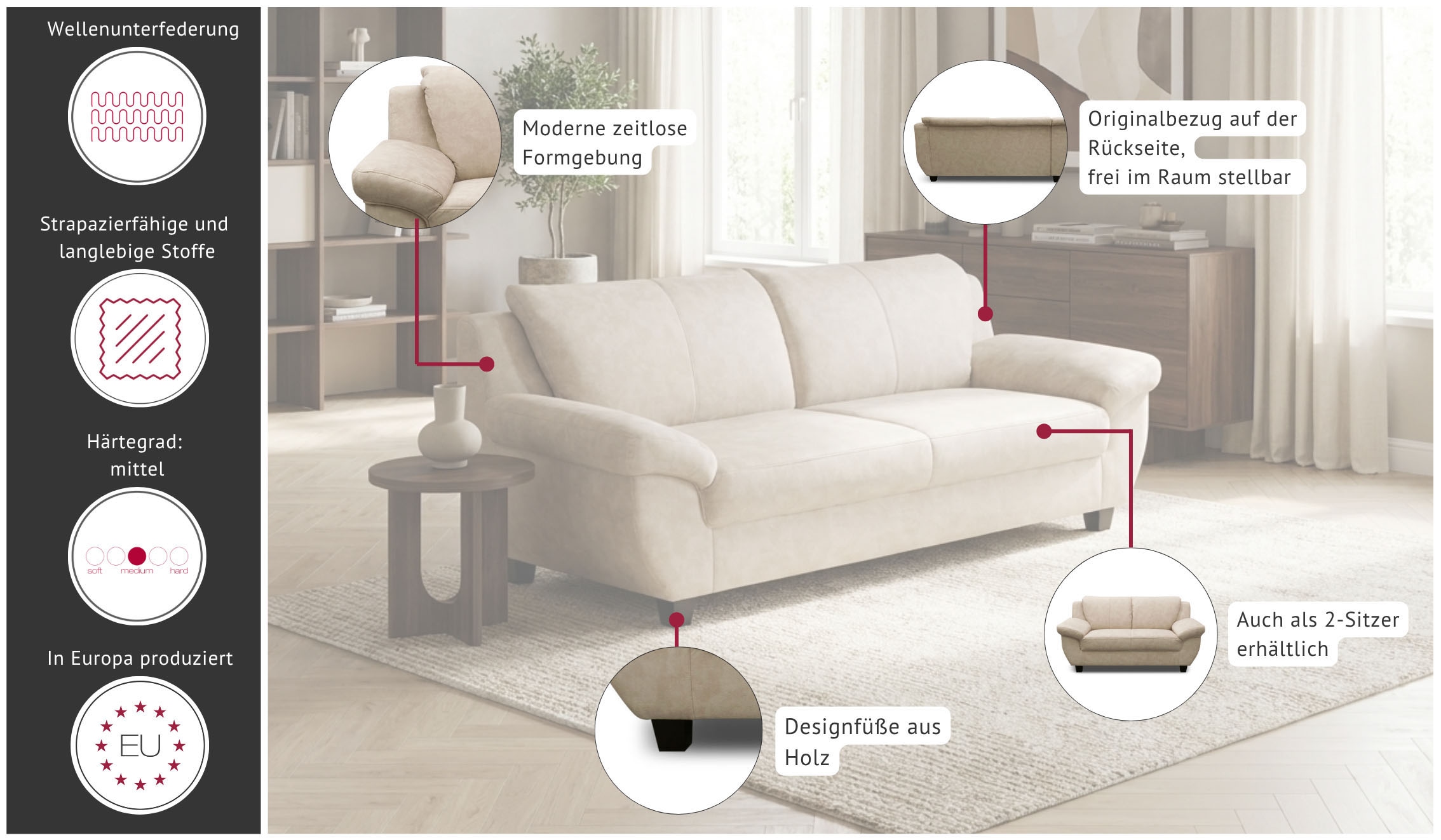 GOODproduct 3-Sitzer »Sillkeborg 207 cm, formschönes Sofa mit dunklen Füssen« aus pflegeleichtem, weichem Luxus-Microfaser