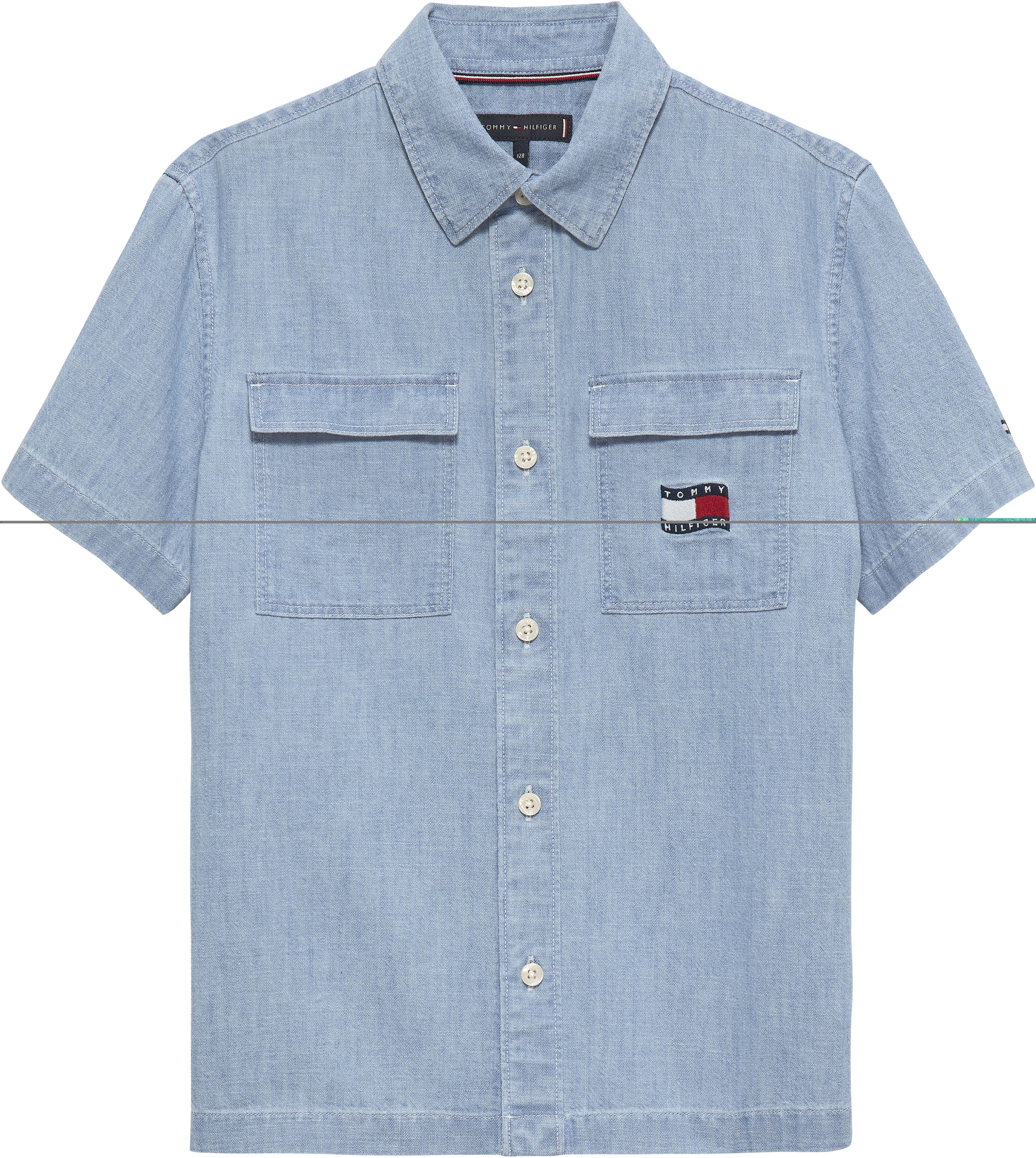 Image of Tommy Hilfiger Kurzarmhemd "WAVY FLAG HERRINGBONE SHIRT SHORT SLEEVE" Kinder bis 16 Jahre, Denim-Look