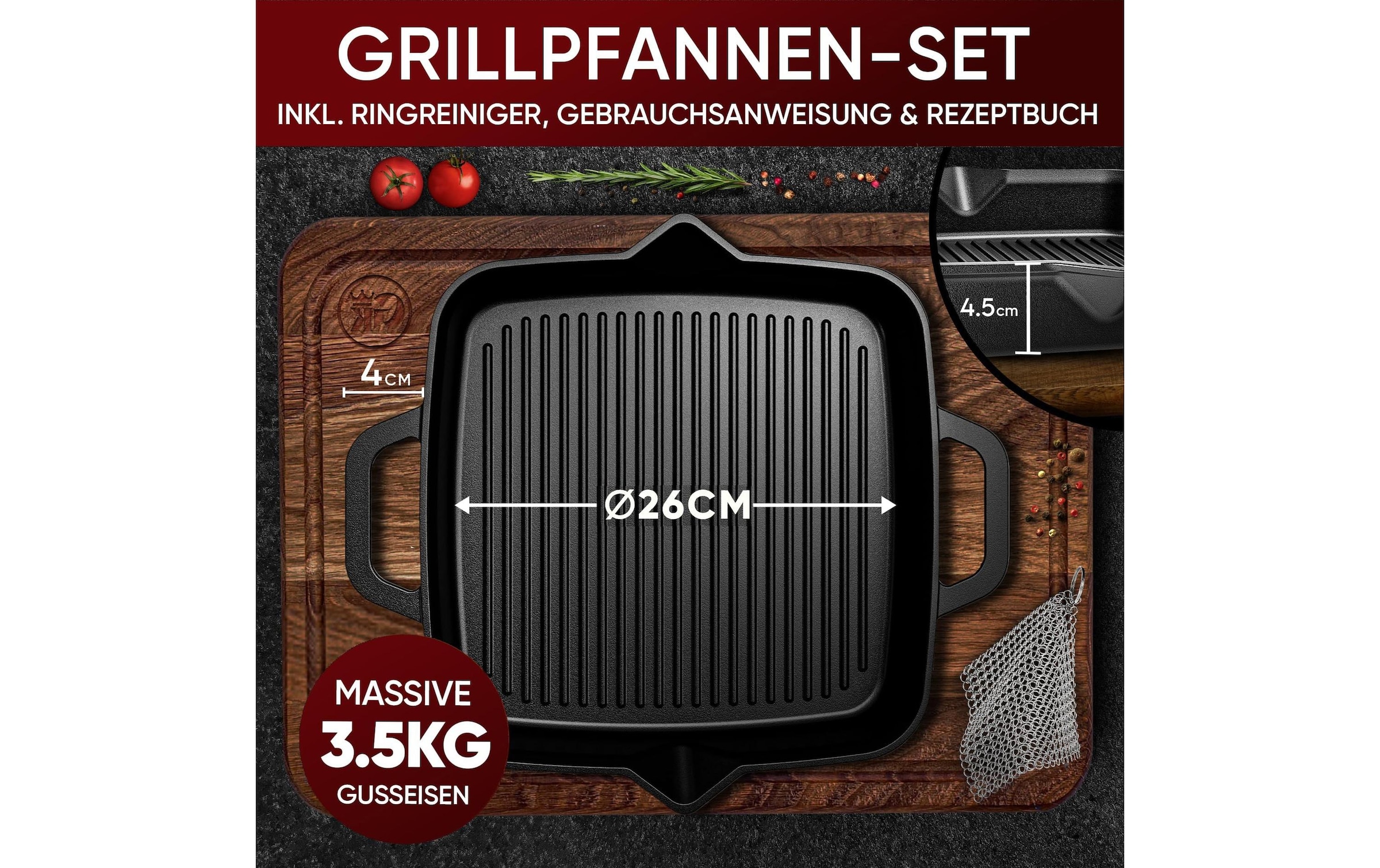  Poêle à griller »Gusskoenig 26 cm mit Ringreiniger« Gusseisen;Gas;Glaskeramik-Kochfeld;Induktion