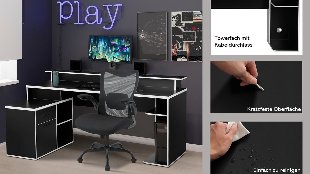 INOSIGN Gamingtisch »Game, Computertisch, Eckschreibtisch«, Towerfach, Kabeldurchlass, Monitoraufsatz, Stauraum, Masse 180x102 cm