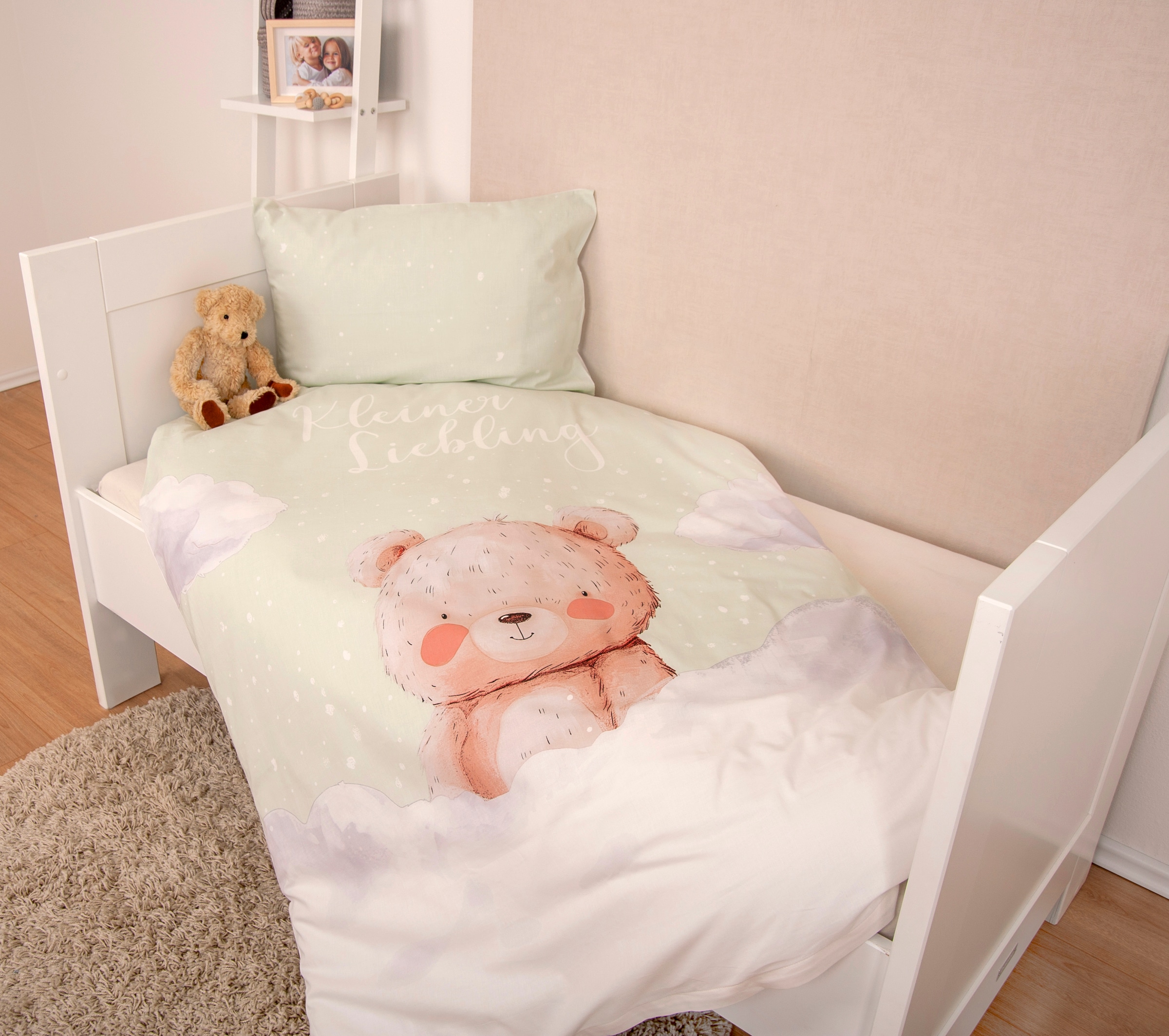 GOODproduct Kinderbettwäsche »Kleiner Liebling in Gr. 100x135 und 135x200 cm« 2 Stk. aus Baumwolle, mit niedlichem Bärenmotiv & Schriftzug, Babybettwäsche