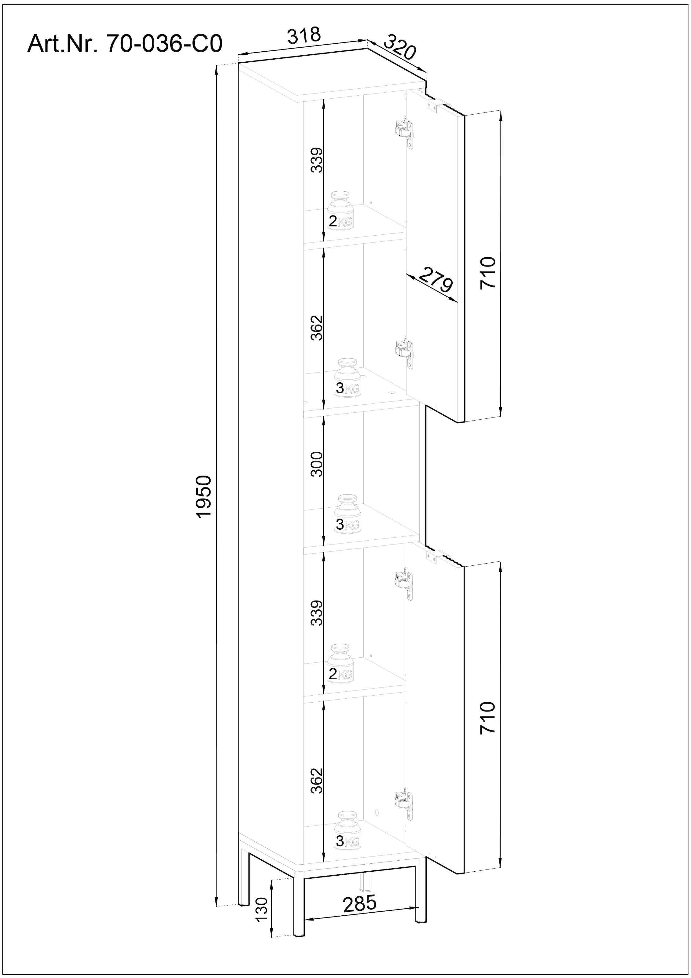 BASIC by Balculina »Lucera Hochschrank, Badezimmerschrank BxHxT 32x195x32« 1 cuis tlg. Largeur 32 cm, porte montable à gauche/droite