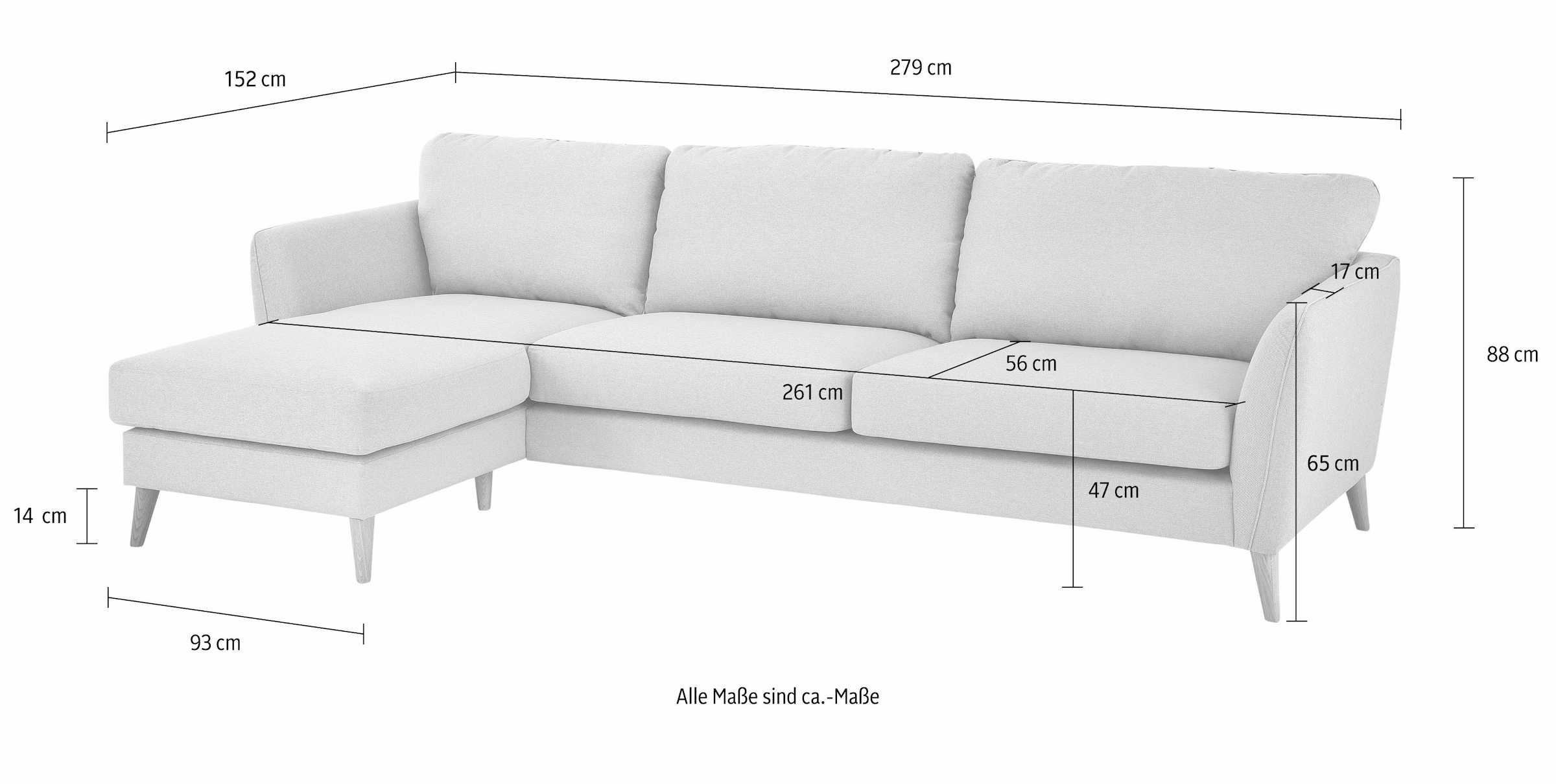 Home affaire Ecksofa »MARSEILLE (279/152cm),L-Form, Rec. rechts/links, verschiedene Bezüge«, Massivholzbeine Eiche, Landhausstil, Wellenunterfederung