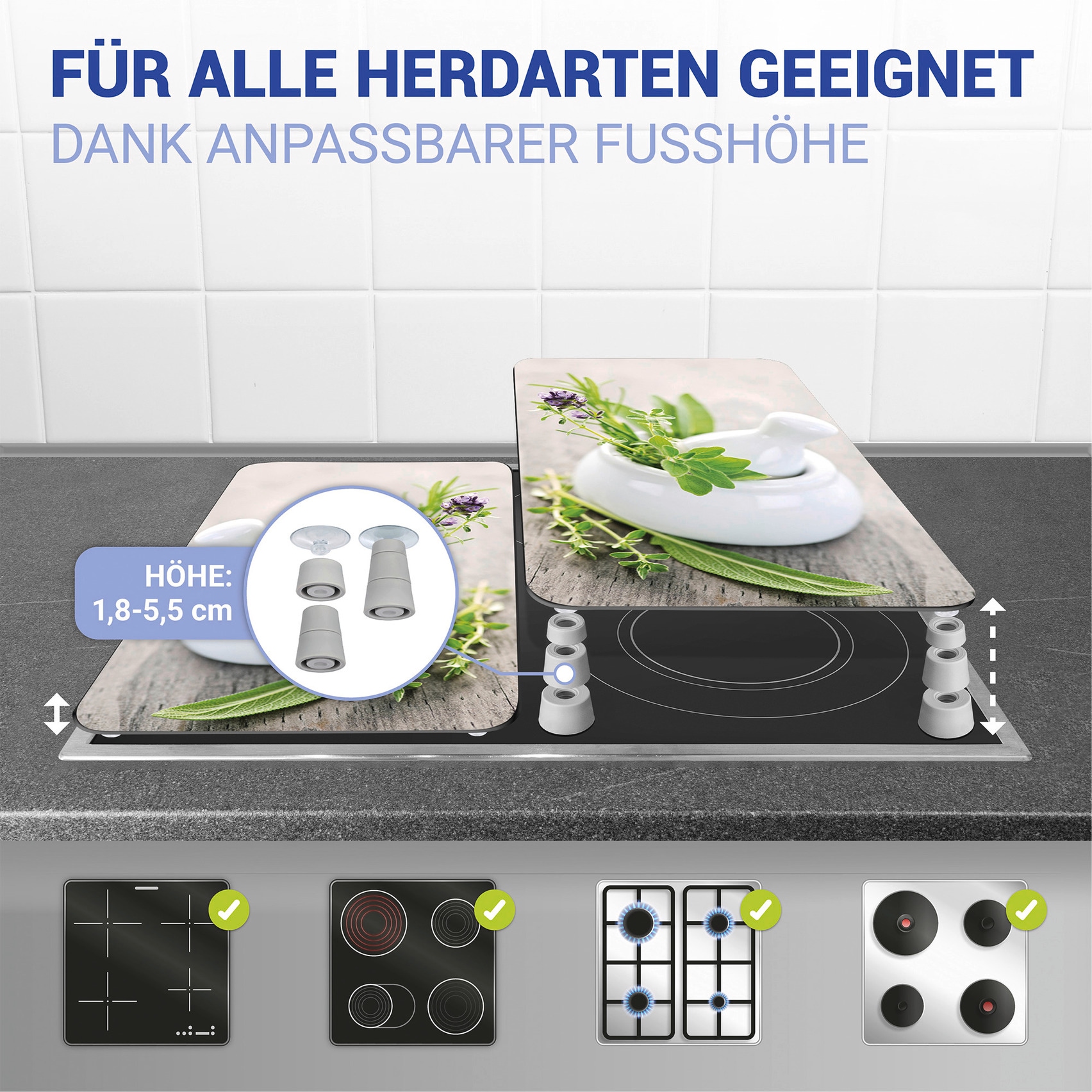 WENKO Herd-Abdeckplatte »Universal Modell Kräutergarten«, (Set, 2 tlg.), Herdabdeckung für alle Herdarten, kratzfest, mit rutschfesten Füssen