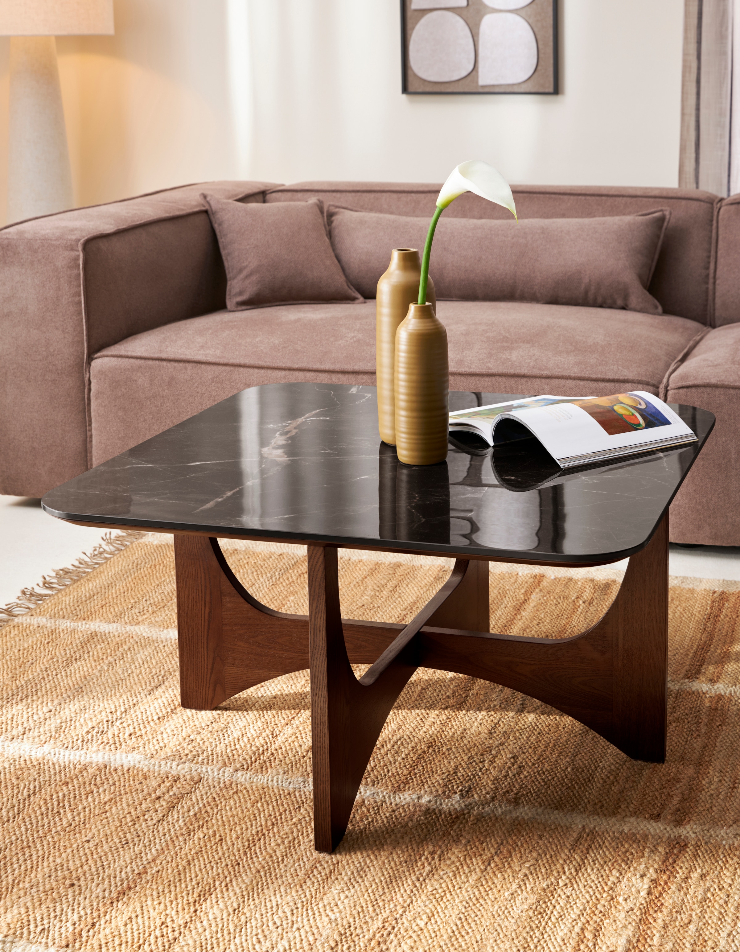 Image of LeGer Home by Lena Gercke Couchtisch "Kirella" 1 Stk. tlg. mit Marmor-Optik und massivem Eschenholz-Kreuzfuss, Breite 85 cm