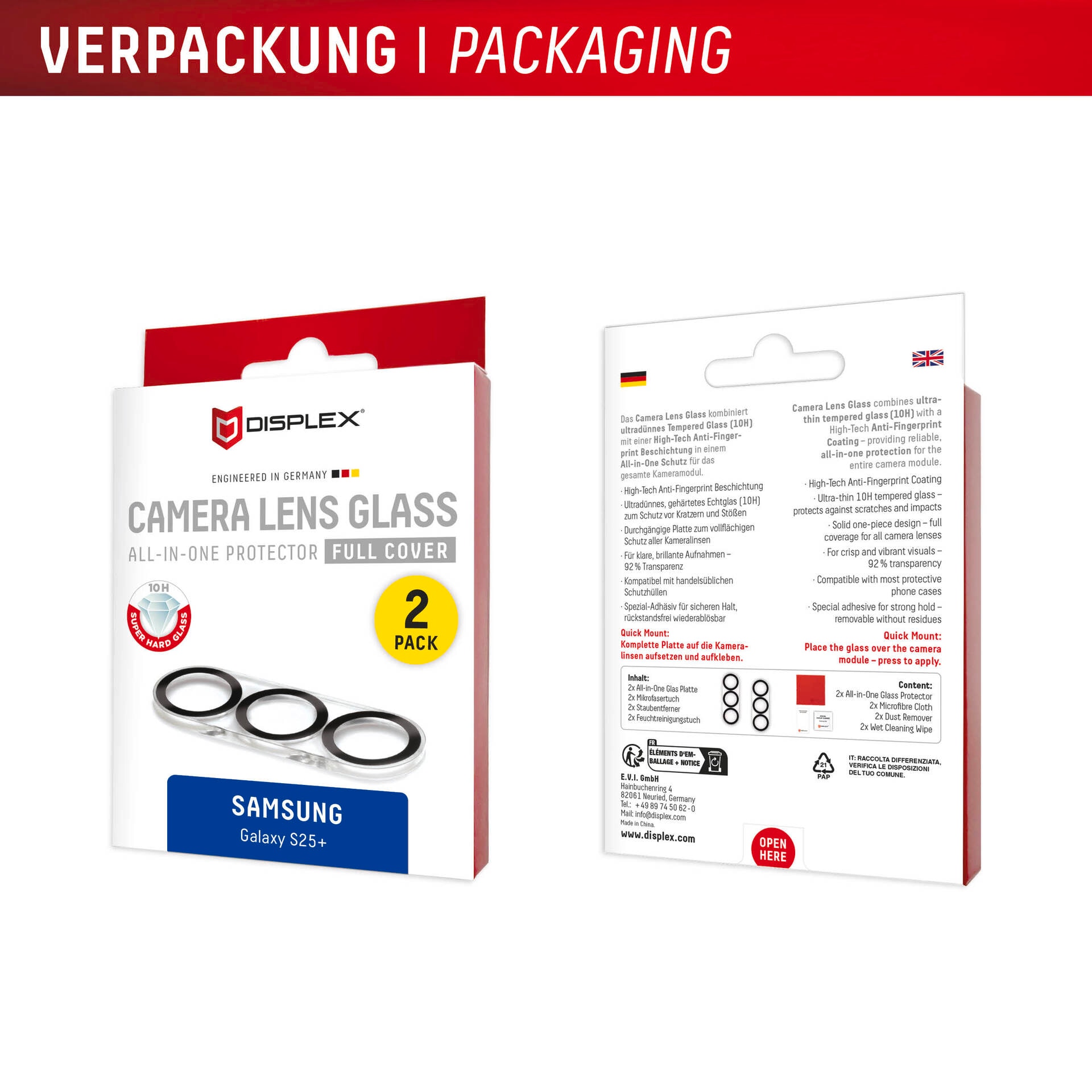 Displex Kameraschutzglas »Camera Lens Glass All-In-One Protector Full Cover« für Samsung Galaxy S25+ Packung, 2x All-In-One Glas,  Objektivschutz, Kameraschutz, kratz- & stossfest