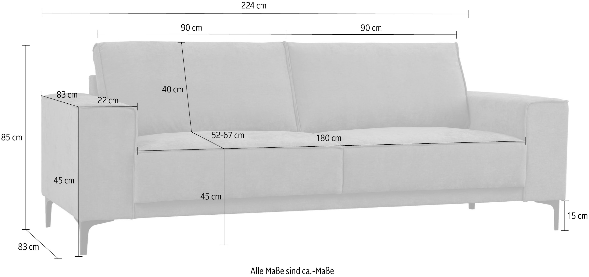 Places of Style 3-Sitzer »3er Sofa Oland, Struktur, Flachgewebe, Luxus-Microfaser, Boucle«, 224 cm, Wellenunterfederung, Skandi-Design, Metallfüsse