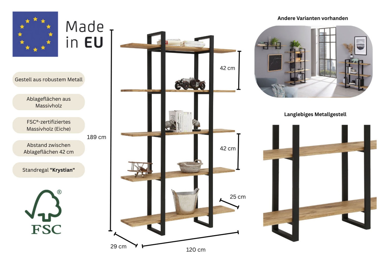 Home affaire Regal »Krystian« Masse (B/T/H) cm: 120/29/189,  Raumteiler, Ablagen aus Eichenholz, Gestell aus robustem Metall