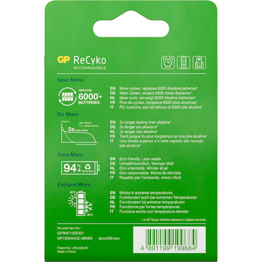 GP Batteries Akku »4er Pack AA Akku GP NiMH 1300 mAh ReCyko 1,2V«, AA, 1300 mAh