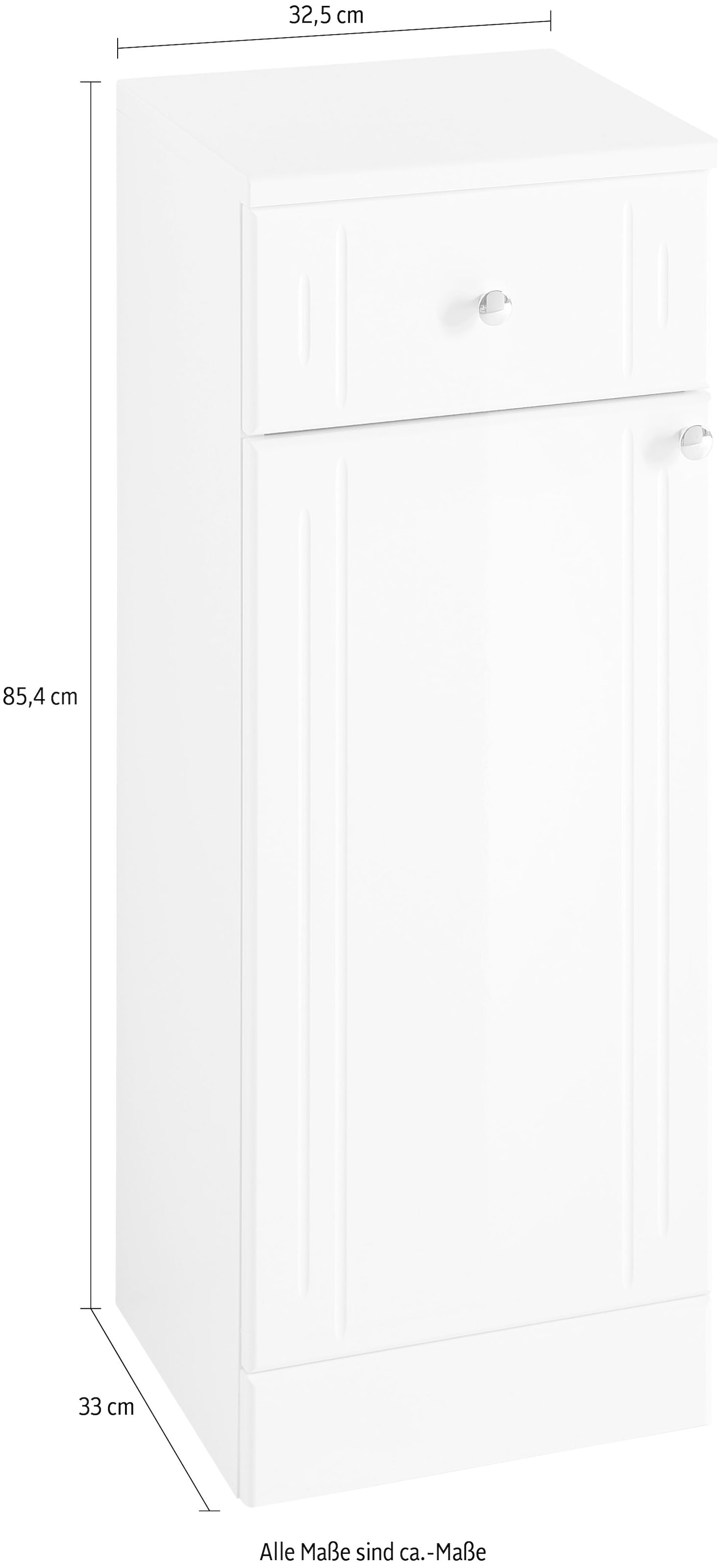 Saphir Armoire basse »Quickset 955 Badschrank mit 1 Tür, 1 Schublade, 32,5 cm breit« Meuble sous lavabo blanc brillant, poignées chrome brillant