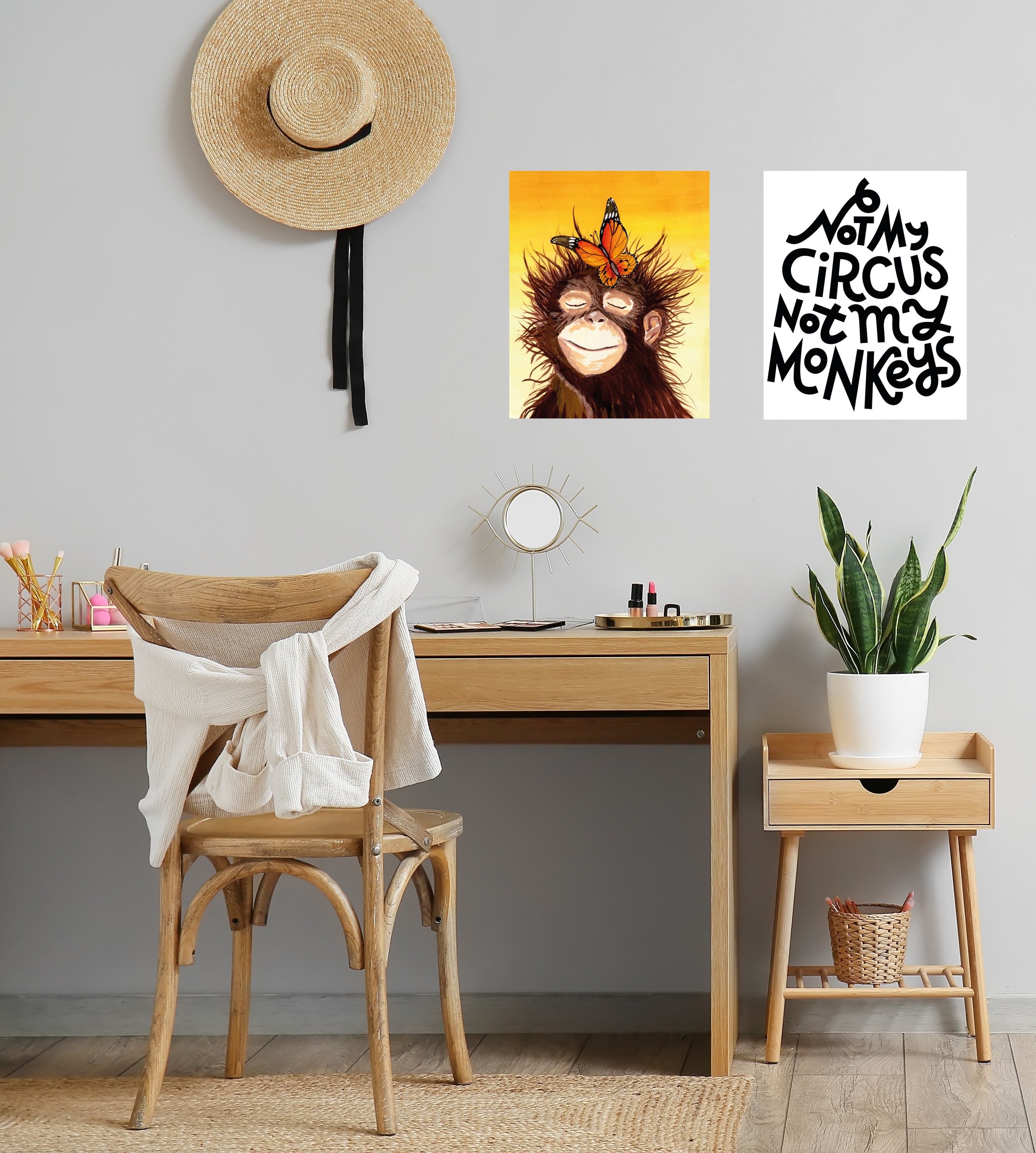 Image of GOODproduct Poster "Affe mit Schmetterling - Circus Poster Set - Dekoration" Affenbilder Schmetterlinge Schriftzug Schriftzüge Sprüche & Texte Tiere Set, 2er-Set, 2er-Set - jeweils 30x40cm