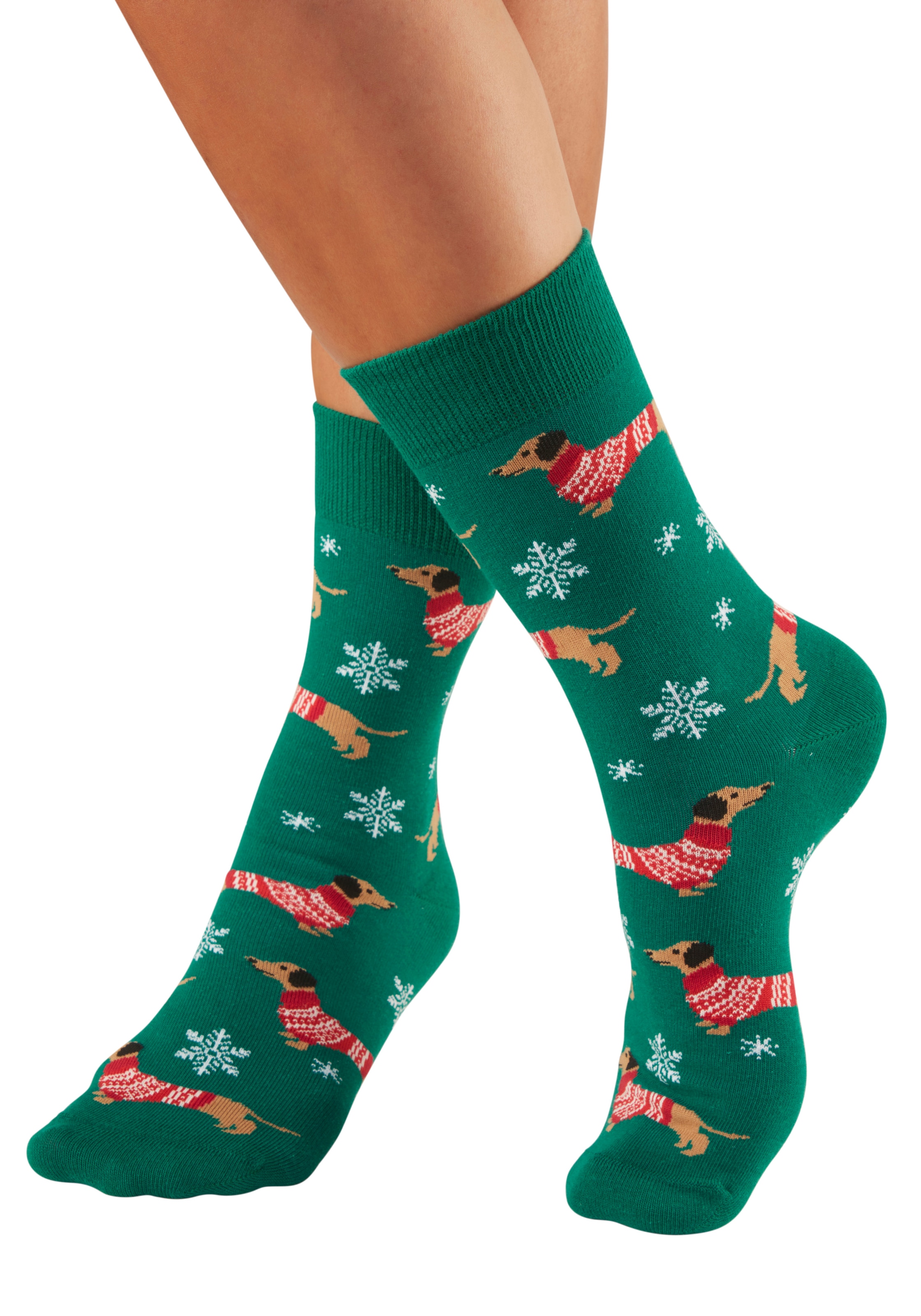 LASCANA Freizeitsocken »Damen Weihnachtssocken Dackel« Packung, 2 Paar tlg. mit festlichen Dackelmotiven
