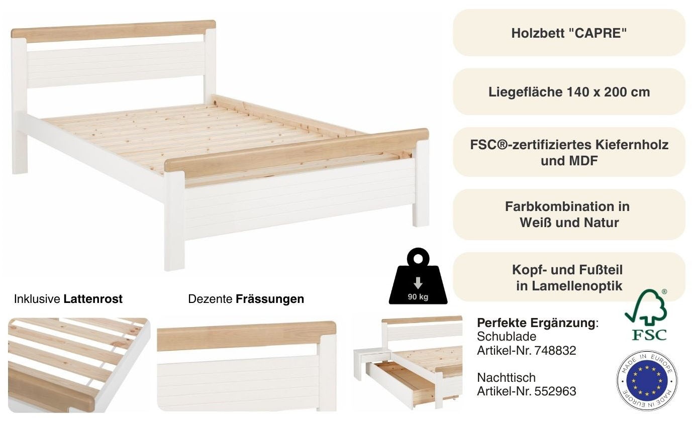GOODproduct Massivholzbett »"CAPRE" im skandinavischem Landhausstil« in verschiedenen Breiten, zertifiziertes Massivholz, Lamellenoptik
