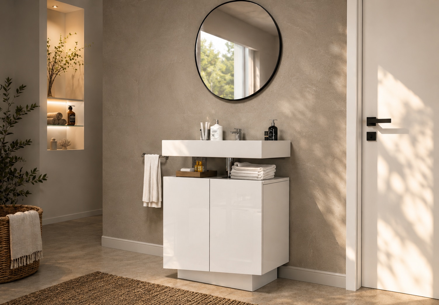 welltime Armoire sous lavabo »Vela,Breite 60cm, 2 Türen, 2 Fächer, mit Siphonausschnitt, lackiert« 1 cuis tlg. meuble sous-lavabo, plan vasque, design avec portes inclinées