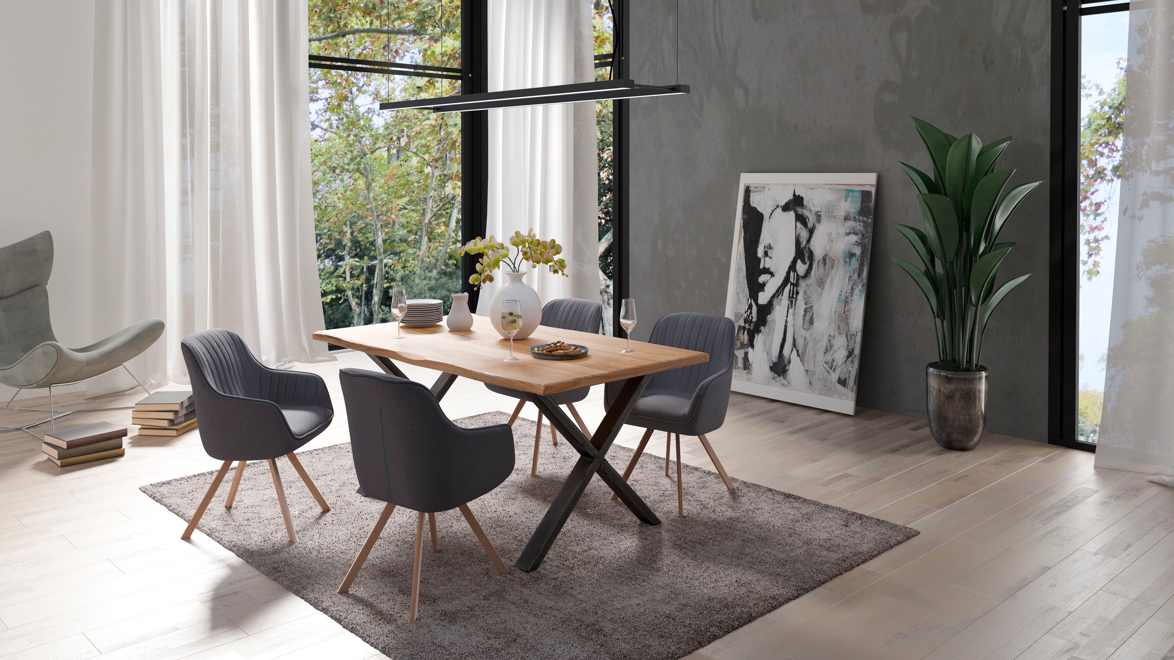 Image of Homexperts Essgruppe »Lesley + Carlo«, (Set, 5-tlg oder 7tlg.), Baumkantentisch Breite 160 oder 200cm und 4 oder 6 Polsterstühlen mit Drehfunktion, Bezug in Webstoff bei Ackermann Versand Schweiz